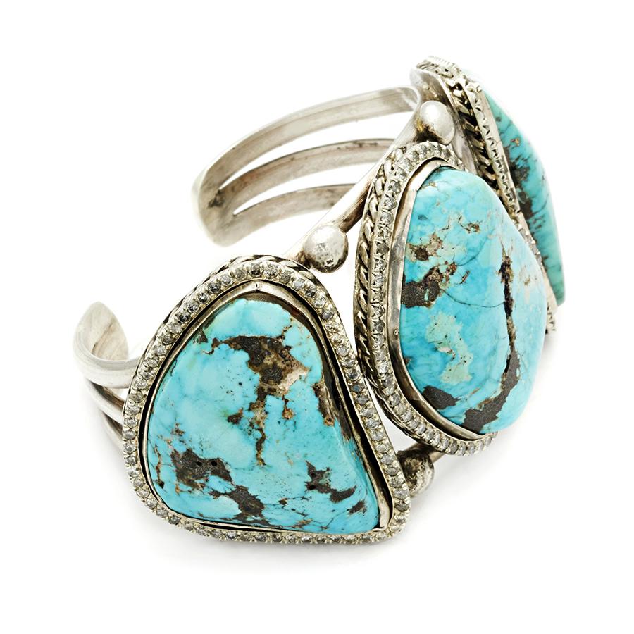 Round Cut Anna Sheffield Sterling Silver, Turquoise & Grey Diamond Dusted Three Stone Cuff