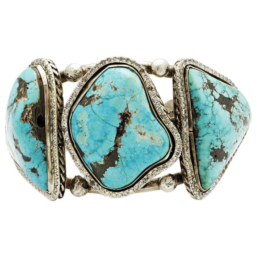 Anna Sheffield Sterling Silver, Turquoise & Grey Diamond Dusted Three Stone Cuff