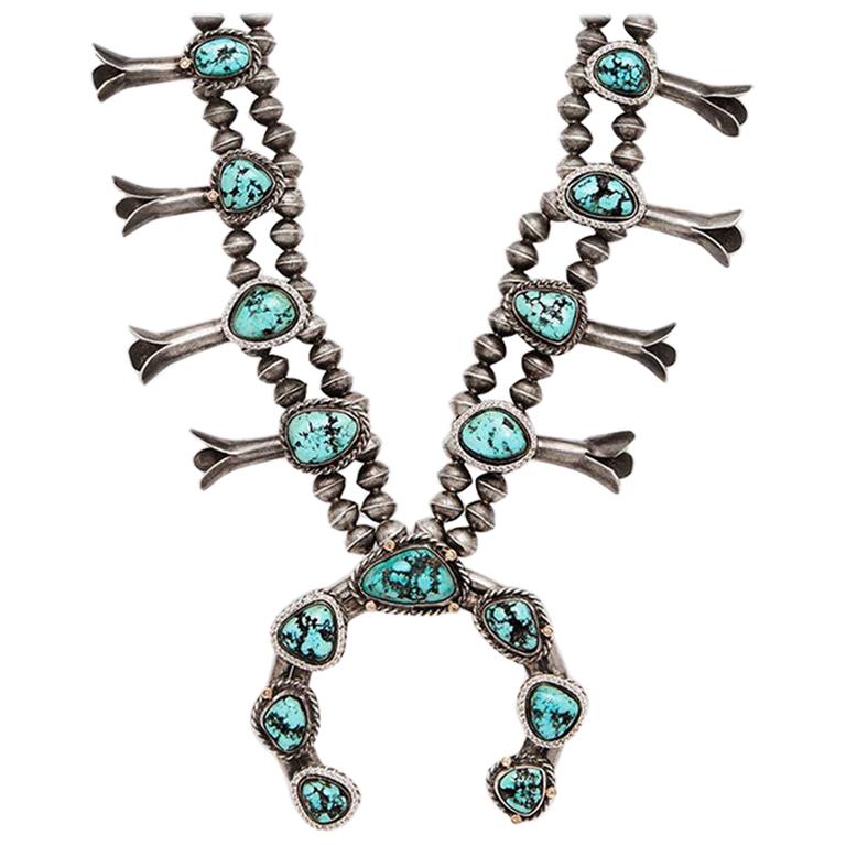 Anna Sheffield Sterling Silver, Turquoise & Grey Diamond Squash Blossom Necklace For Sale