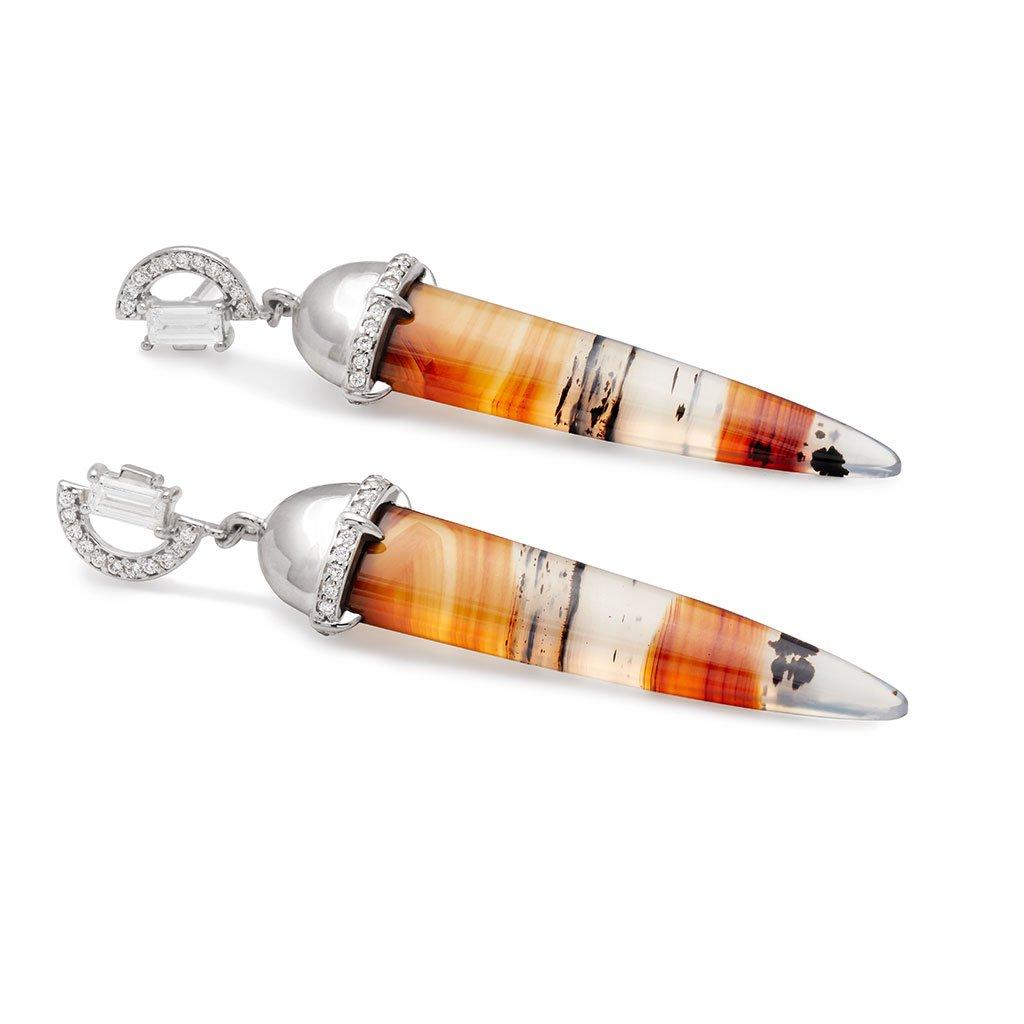 0.49ctw white diamonds set in 14k white gold with one of a kind chalcedony drops. Sold as a Pair. 

With rich bands of sunset hues in ombre blue-black, white, and orange, these one-of-a-kind chalcedony drop earrings call to mind the last glance of a