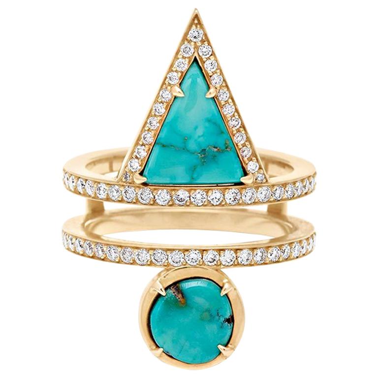 Anna Sheffield Turquoise and White Diamond Reverse Attelage Ring For Sale