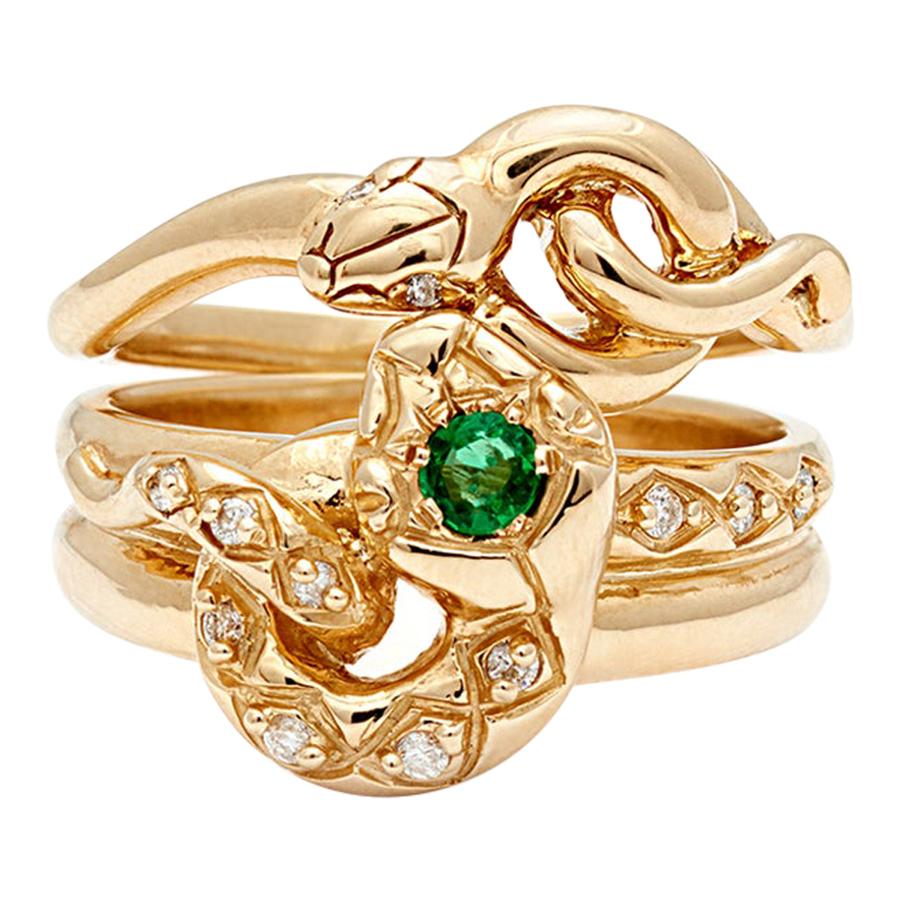 Anna Sheffield Emerald and White Diamond Victorian Serpent Ring Set For Sale