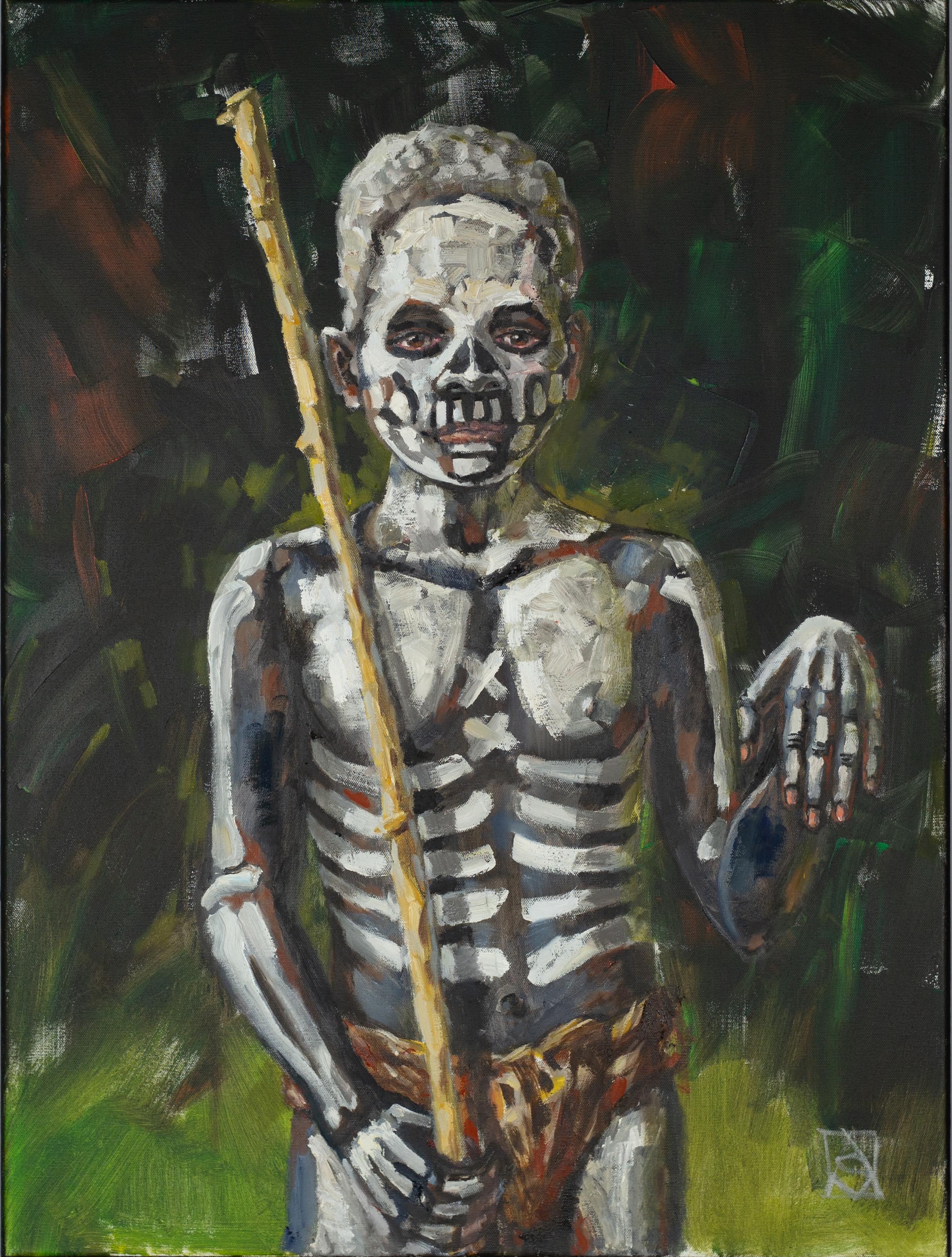 Anna Shesterikova Portrait Painting - A Boy From The Skeleton Tribe. Oil, acrylic, Canvas, Post-Impressionist portrait