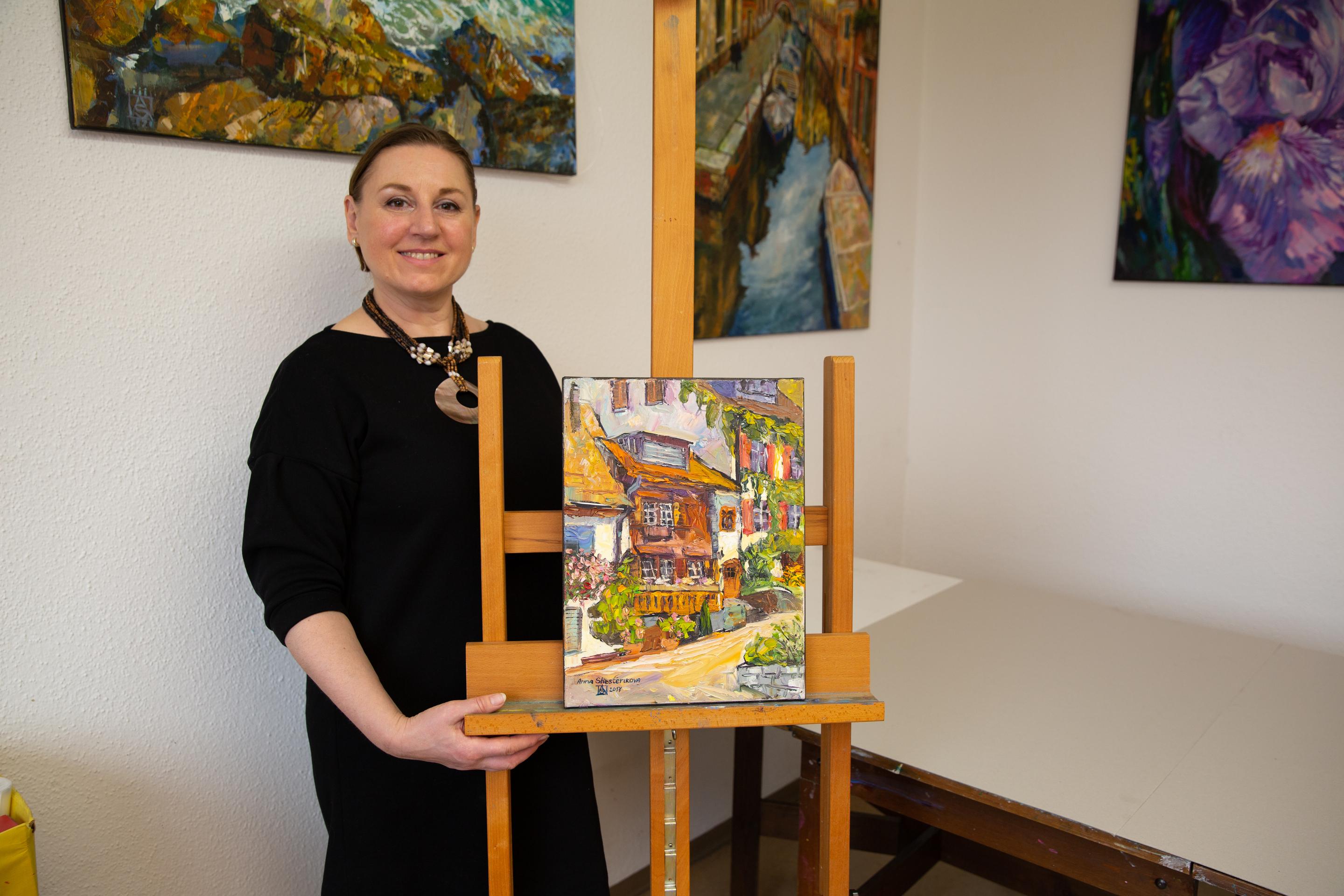 A Cozy Courtyard in Vaduz. Landscape in oil, houses, beauty of an old town. - Impressionist Painting by Anna Shesterikova