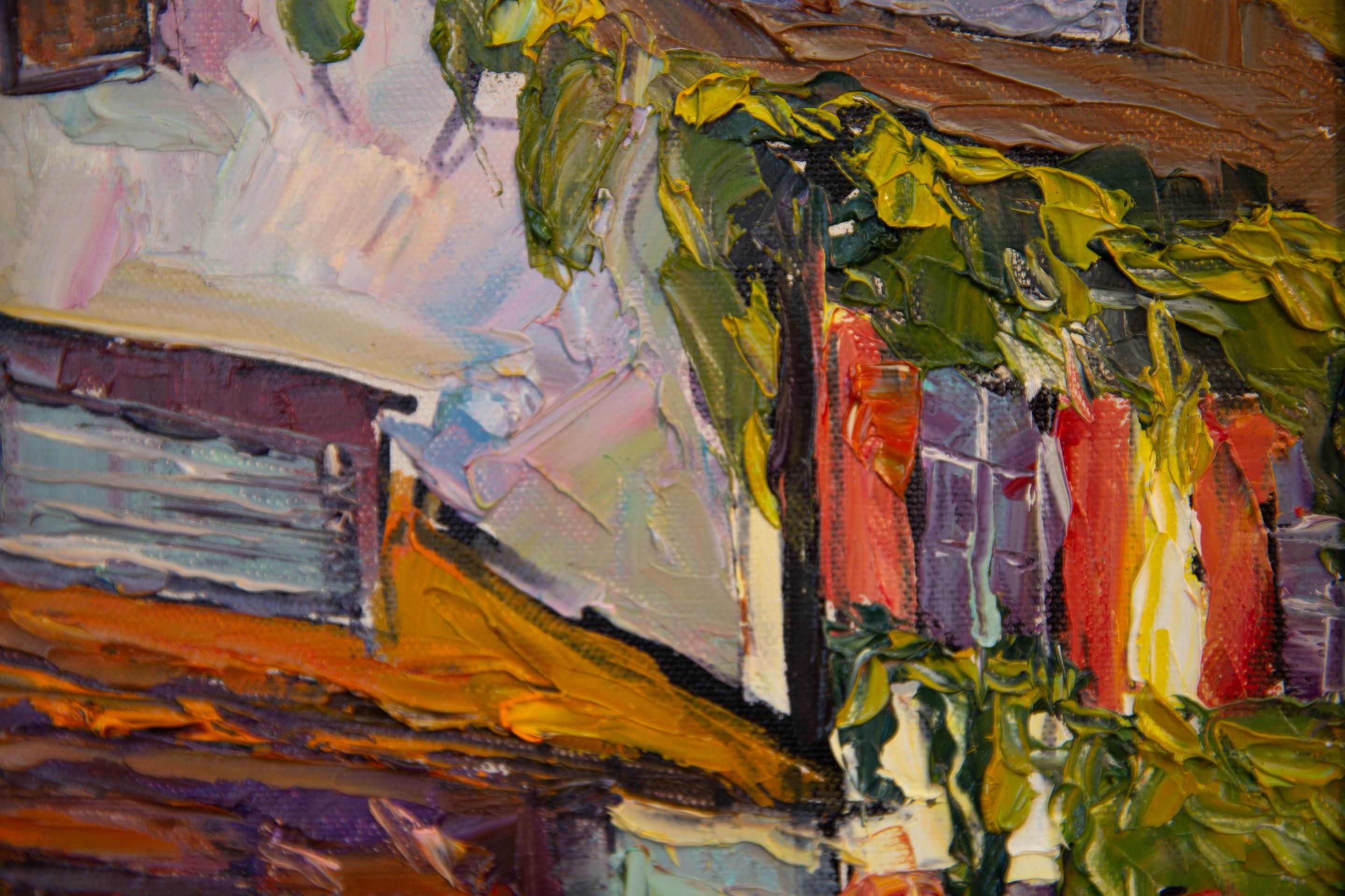 A Cozy Courtyard in Vaduz. Landscape in oil, houses, beauty of an old town. For Sale 3