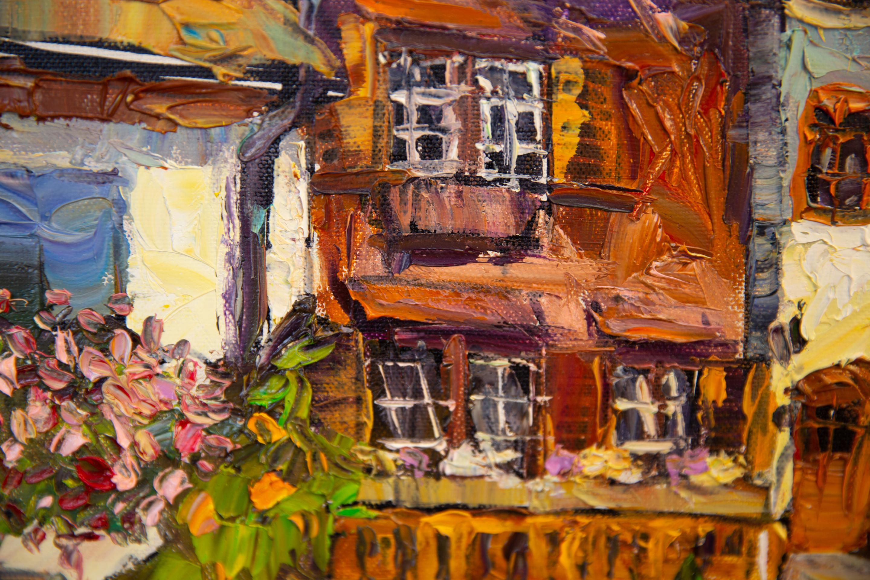 A Cozy Courtyard in Vaduz. Landscape in oil, houses, beauty of an old town. For Sale 4