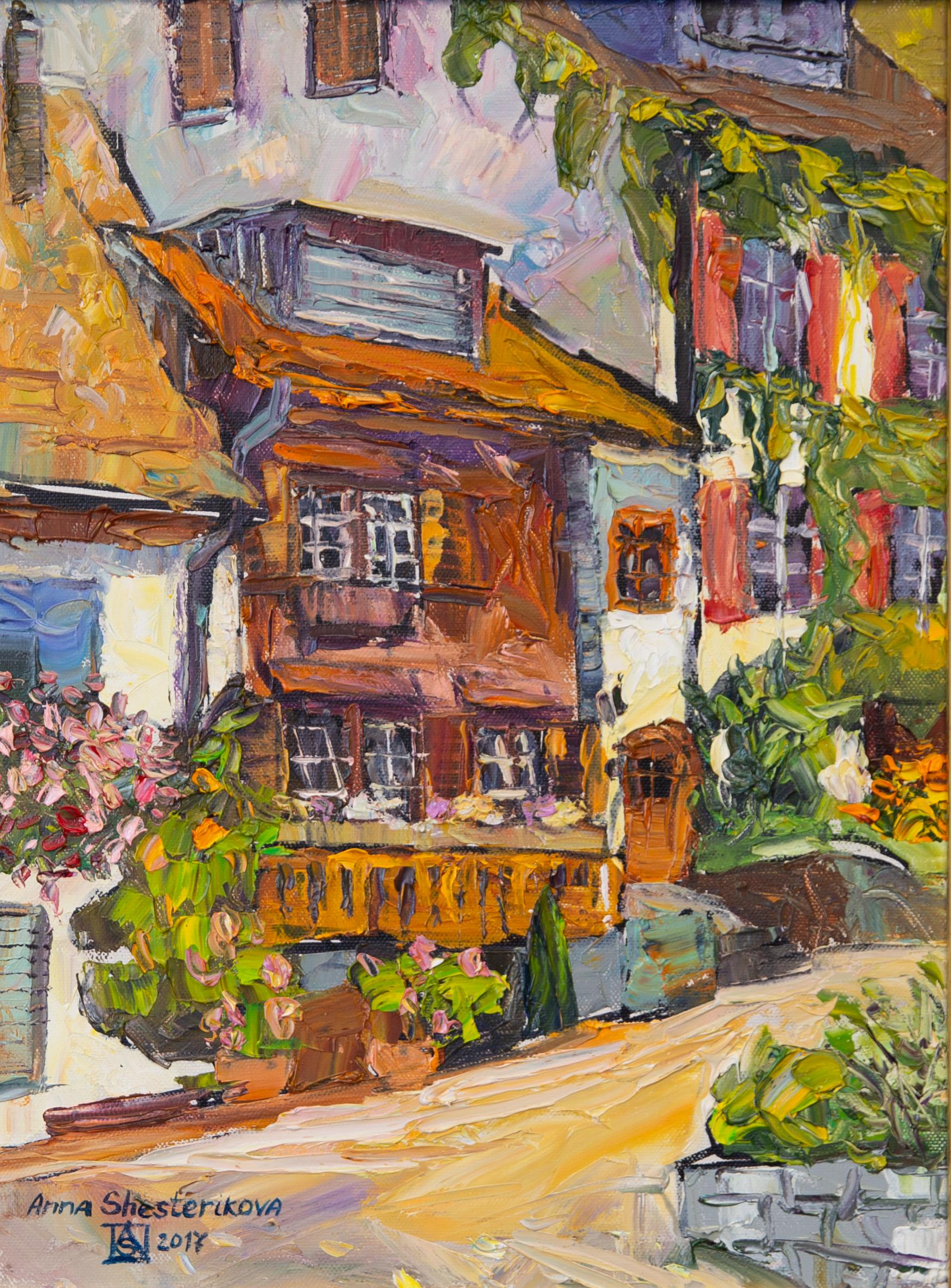 Anna Shesterikova Landscape Painting - A Cozy Courtyard in Vaduz. Landscape in oil, houses, beauty of an old town.