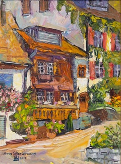 A Cozy Courtyard in Vaduz. Landscape in oil, houses, beauty of an old town.