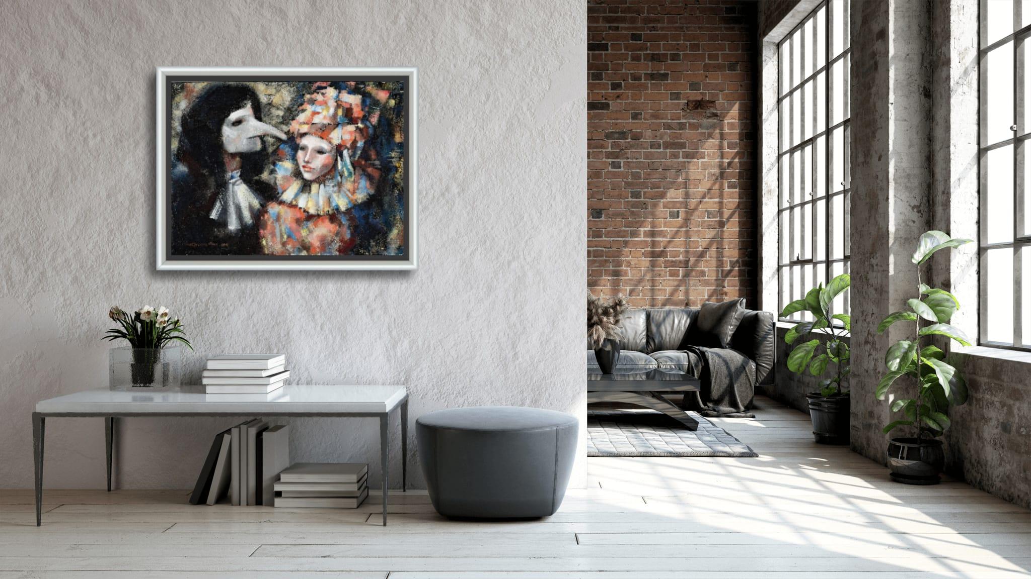 Un secret de deux. Portrait figuratif, Venise, carnaval, masque, horizontal en vente 5