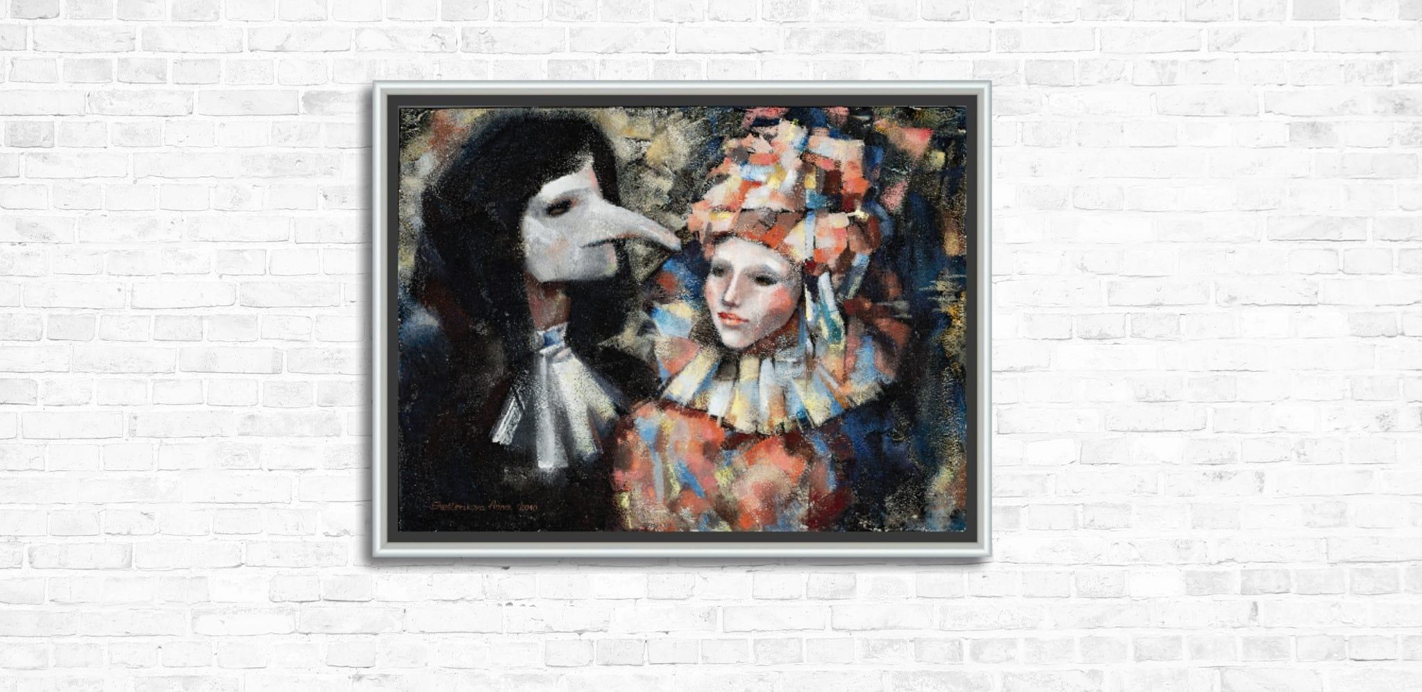 Un secret de deux. Portrait figuratif, Venise, carnaval, masque, horizontal en vente 6