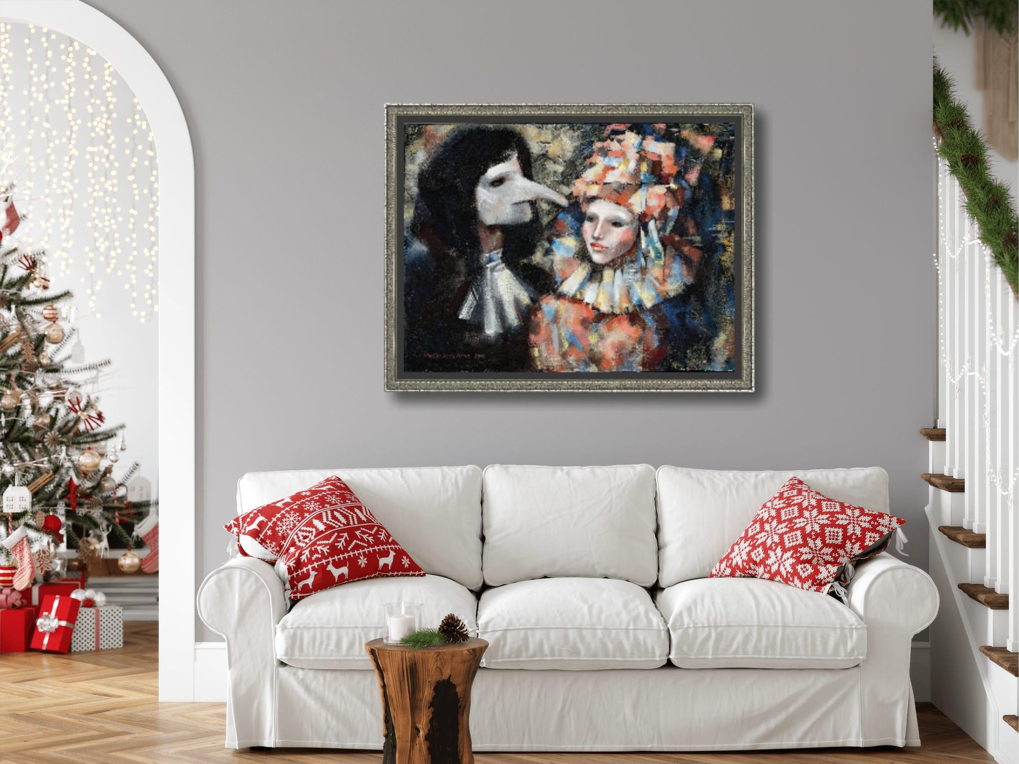 Un secret de deux. Portrait figuratif, Venise, carnaval, masque, horizontal en vente 9