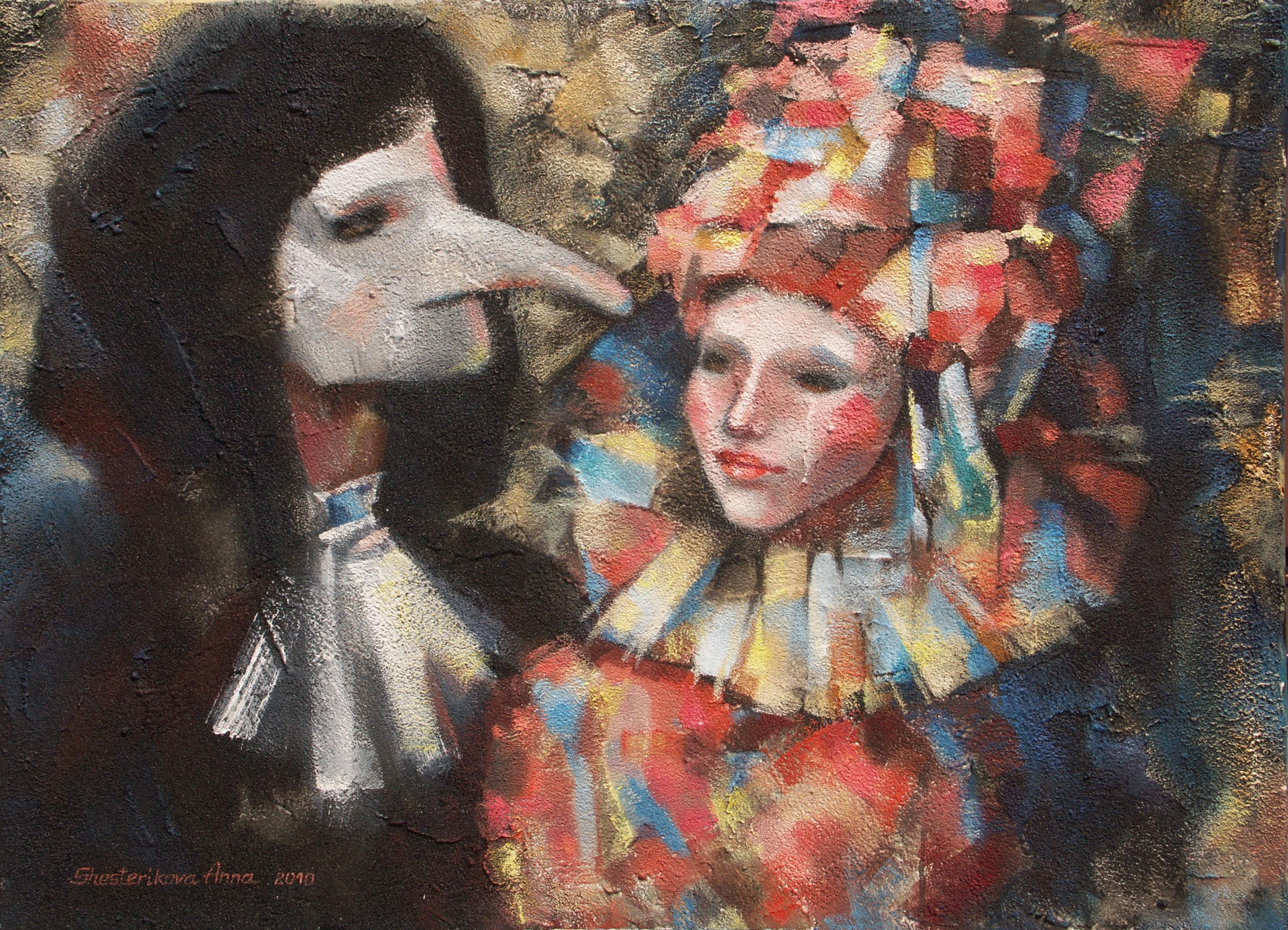 Figurative Painting di Anna Shesterikova - Un segreto a due. Ritratto, figurativo, Venezia, carnevale, maschera, orizzontale