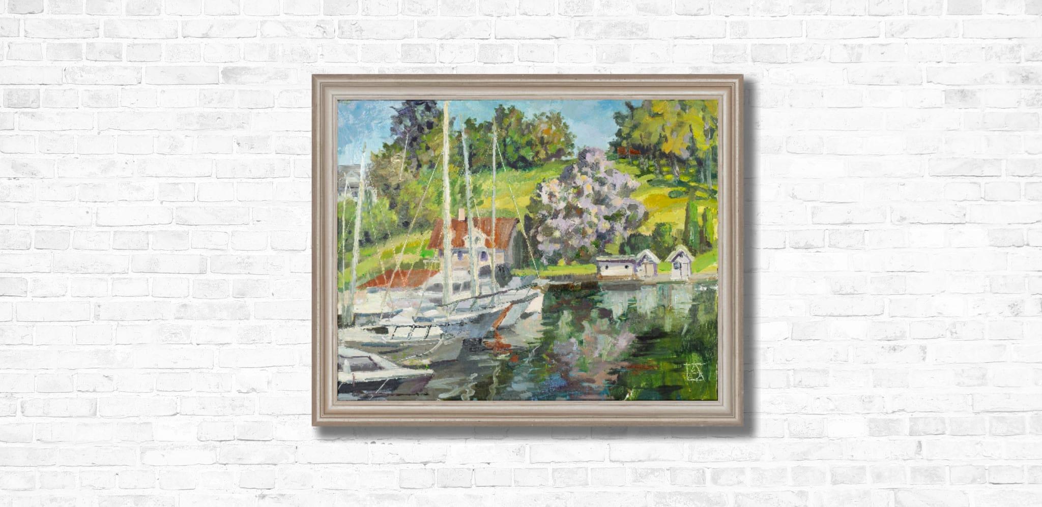 A Small Port On Turtle Island Near Oslo. Boats, yachts, fjord, Norway, nature - Post-Impressionist Painting by Anna Shesterikova