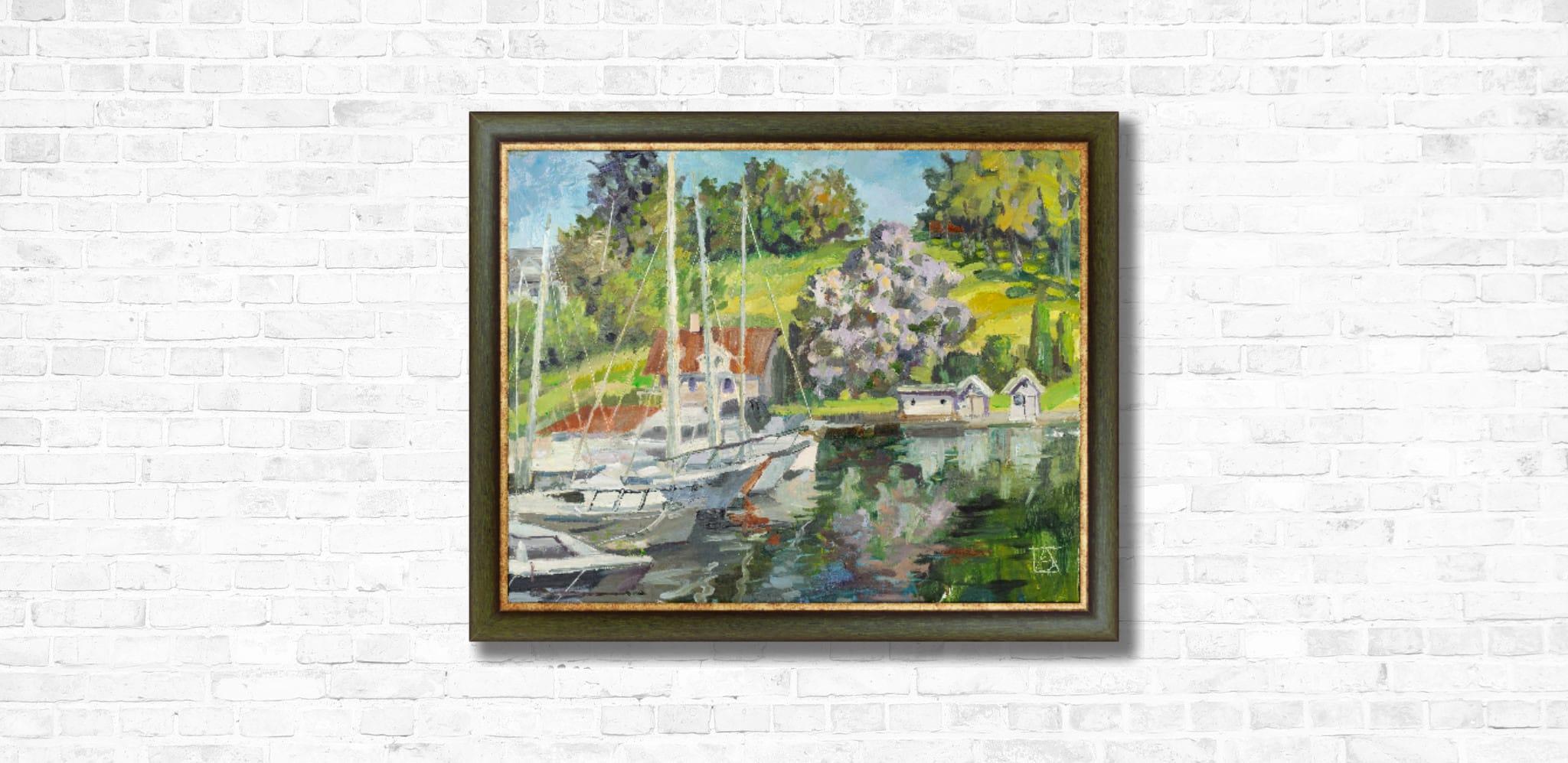 A Small Port On Turtle Island Near Oslo. Boats, yachts, fjord, Norway, nature - Gray Landscape Painting by Anna Shesterikova