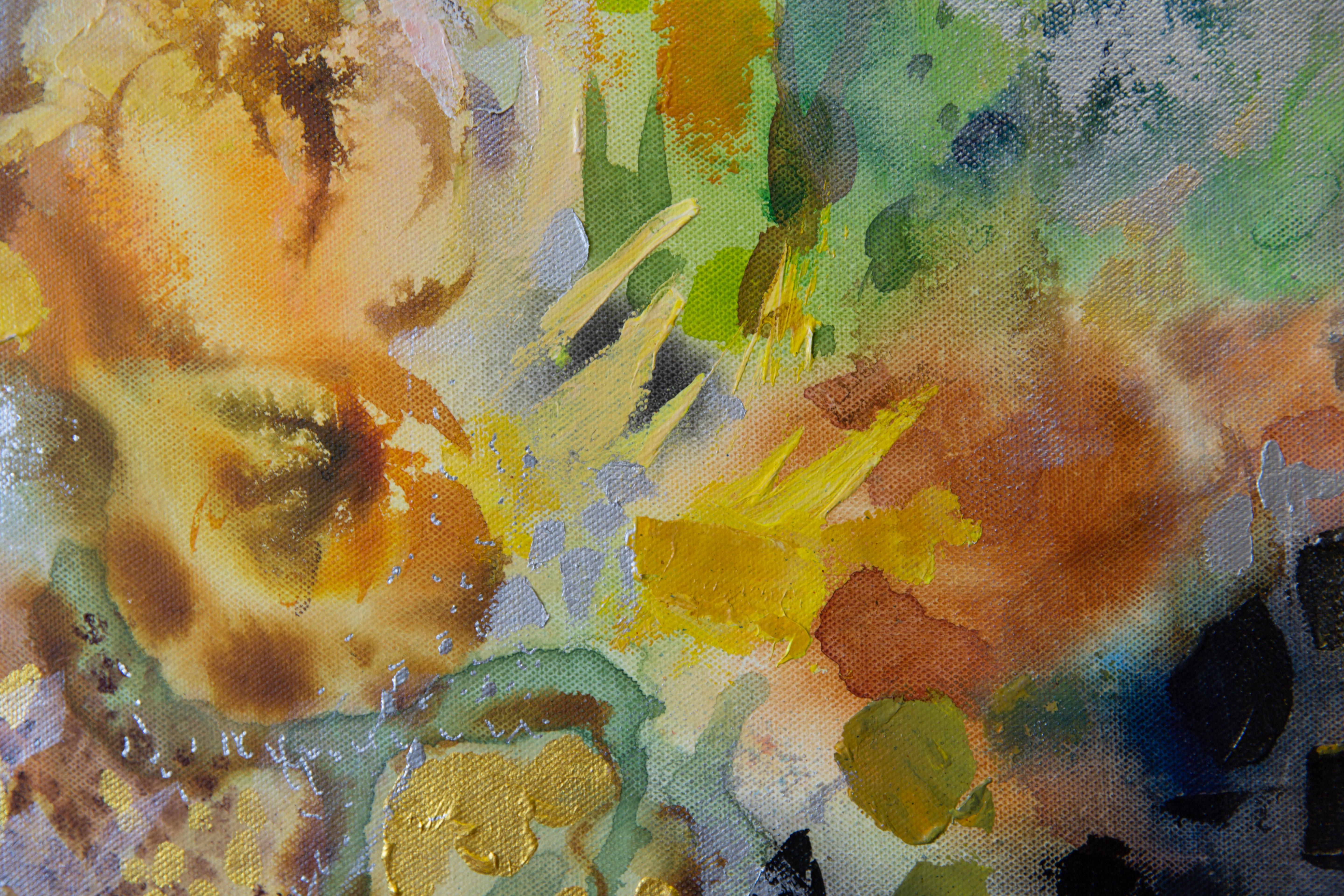 Abstract Still Life. Semi-abstract, horizontal flowers, interior, acrylic For Sale 1