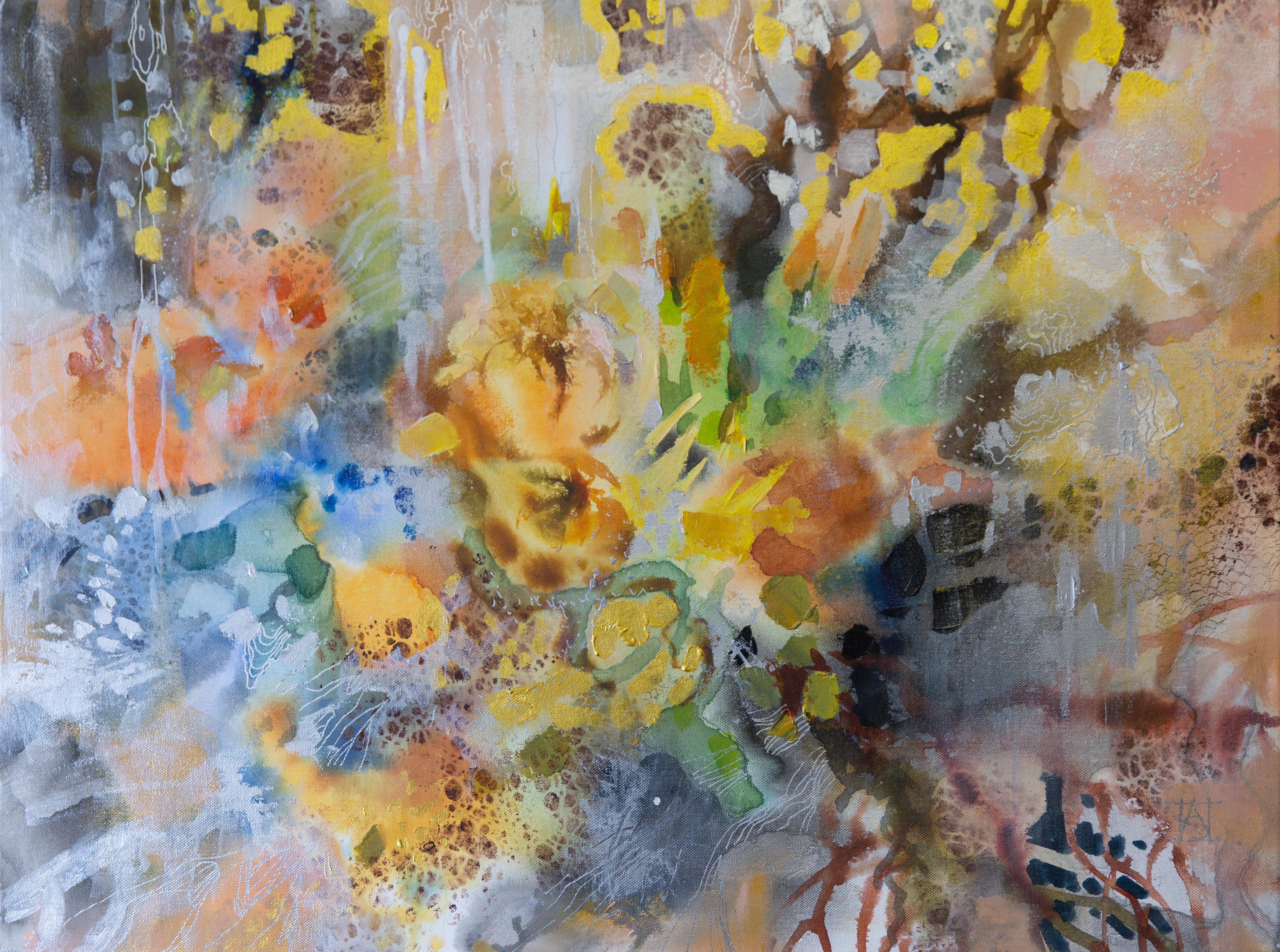 Abstraktes Stilleben. Semi-abstrakte, horizontale Blumen, Innenraum, Acryl