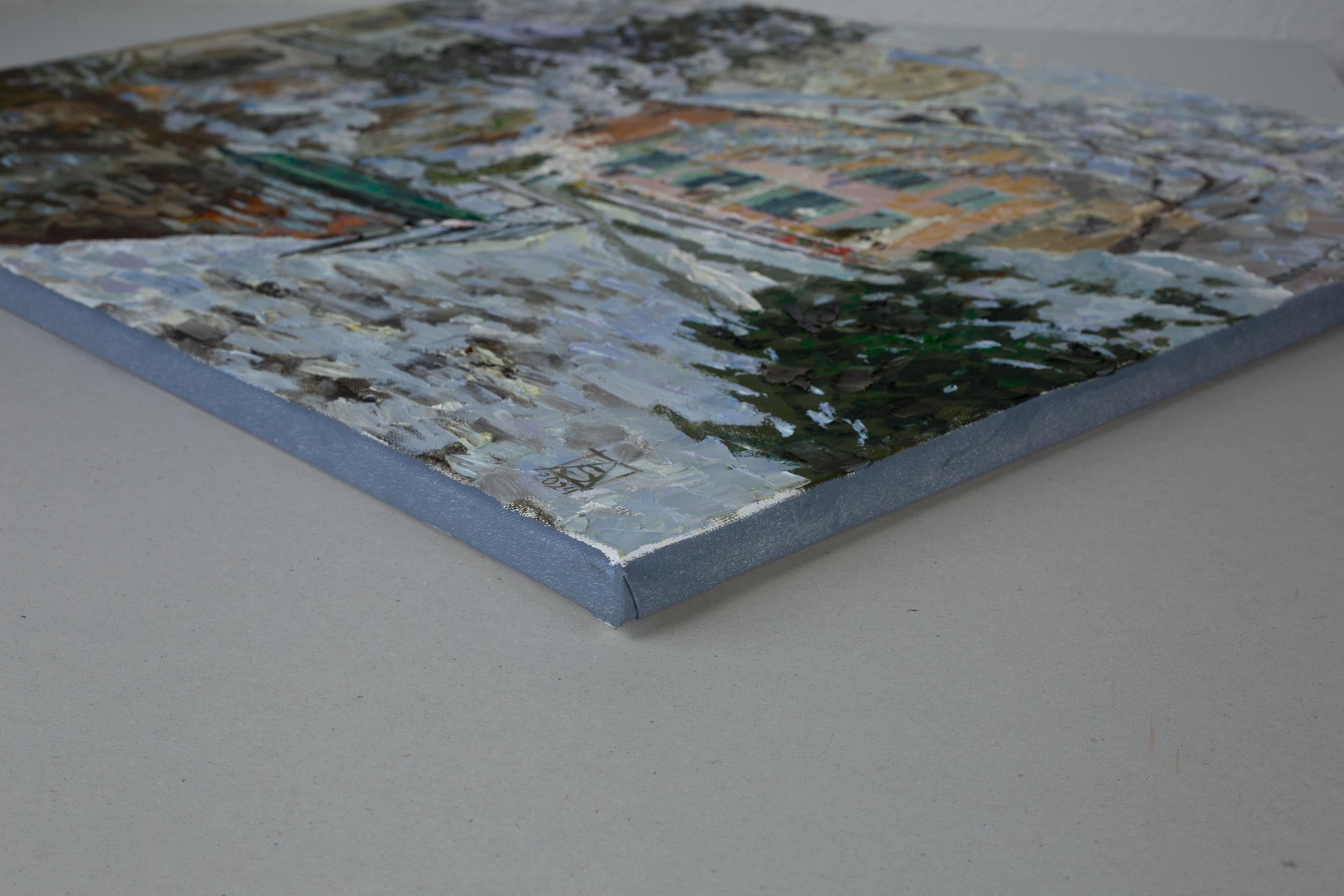 Nach dem Schneefall. Ölgemälde, horizontal, Impressionismus, Natur, See, Stadt – Painting von Anna Shesterikova