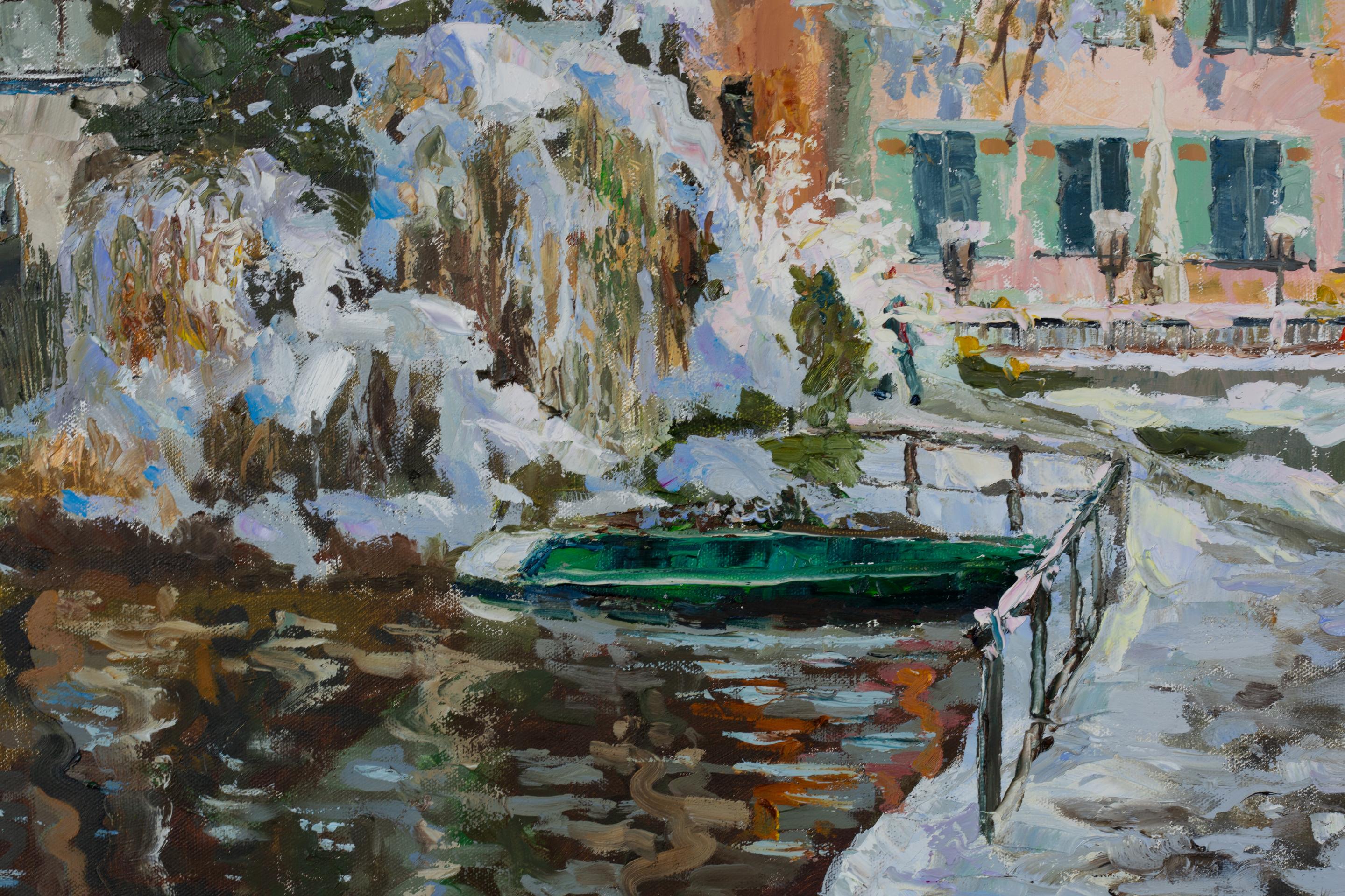 Nach dem Schneefall. Ölgemälde, horizontal, Impressionismus, Natur, See, Stadt (Grau), Landscape Painting, von Anna Shesterikova