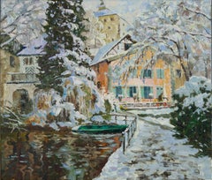Dopo la nevicata. Pittura a olio, orizzontale, impressionismo, Nature, lago, città