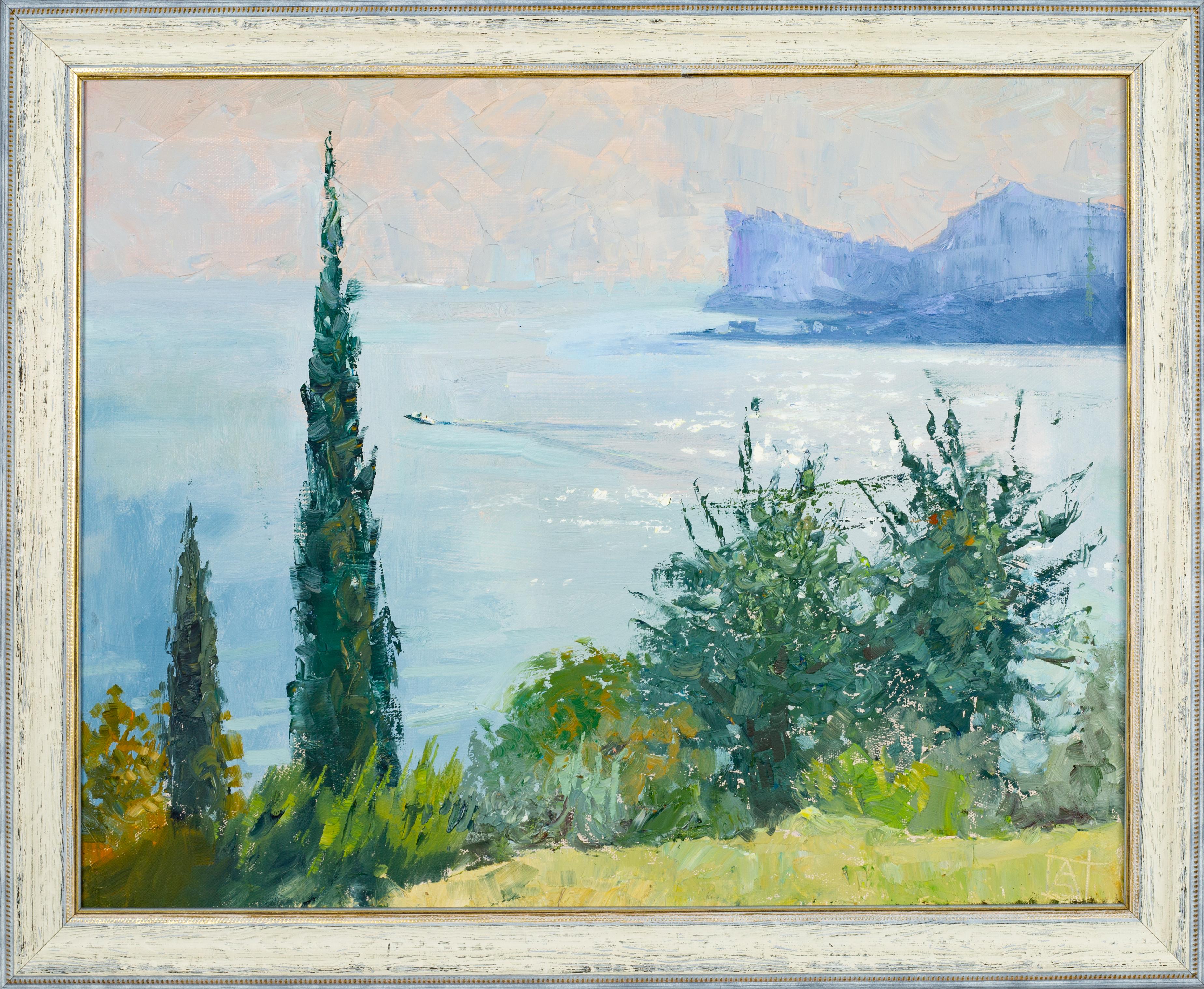 Afternoon at Lake Garda. Impressionism, horizontal, oil painting, lake, mountain For Sale 6