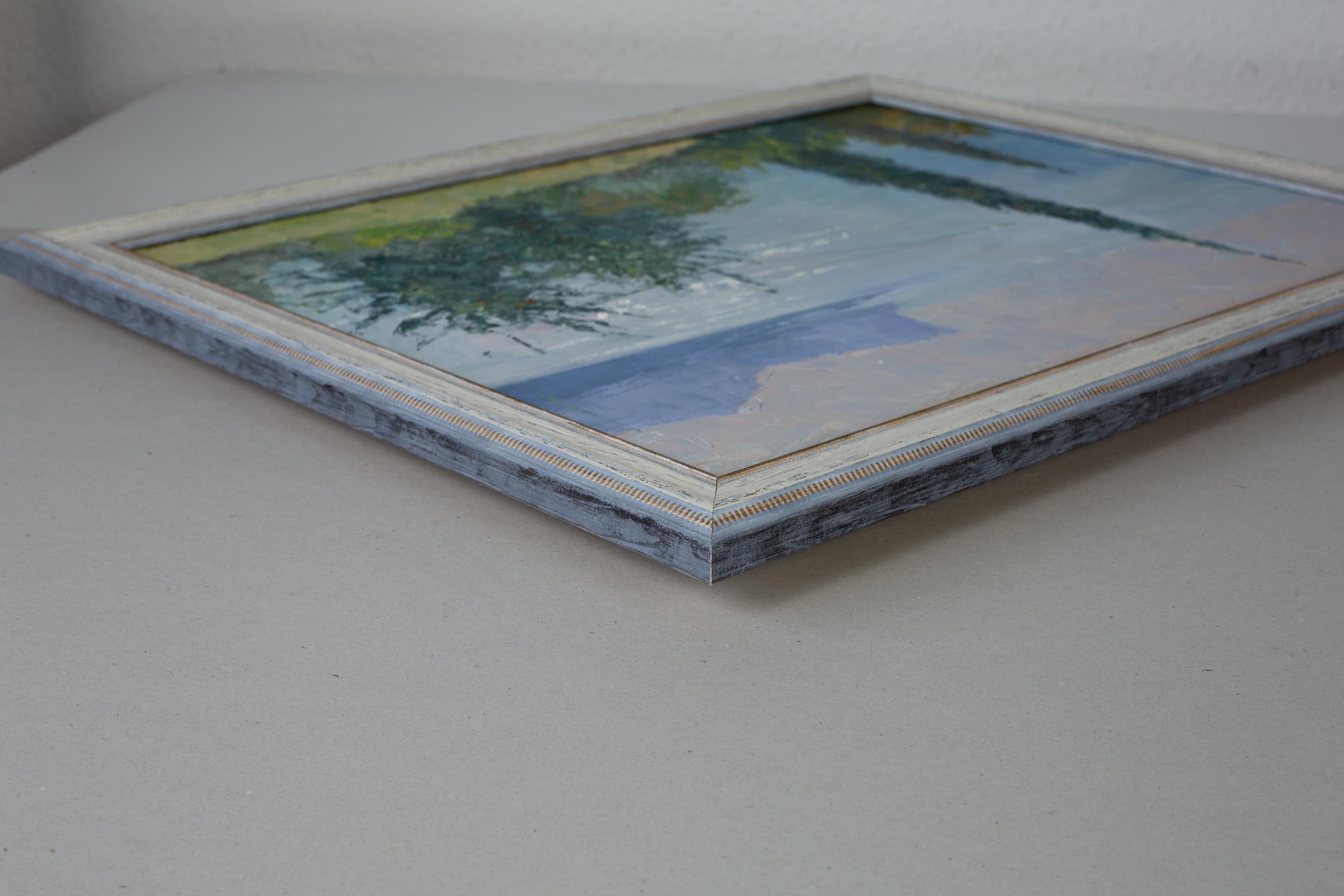 Afternoon at Lake Garda. Impressionism, horizontal, oil painting, lake, mountain - Painting by Anna Shesterikova