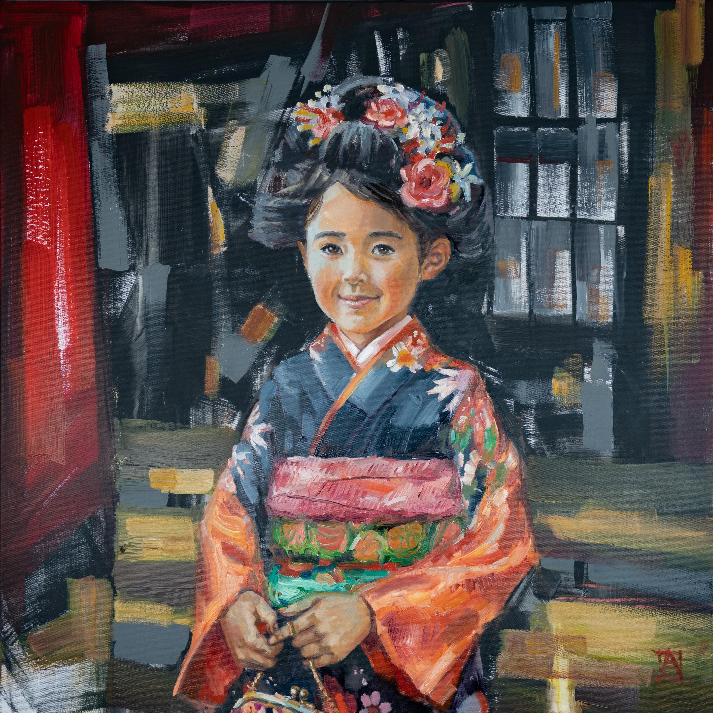 Portrait Painting di Anna Shesterikova - Akari. Vacanze. Ragazza, Giappone, Kimono