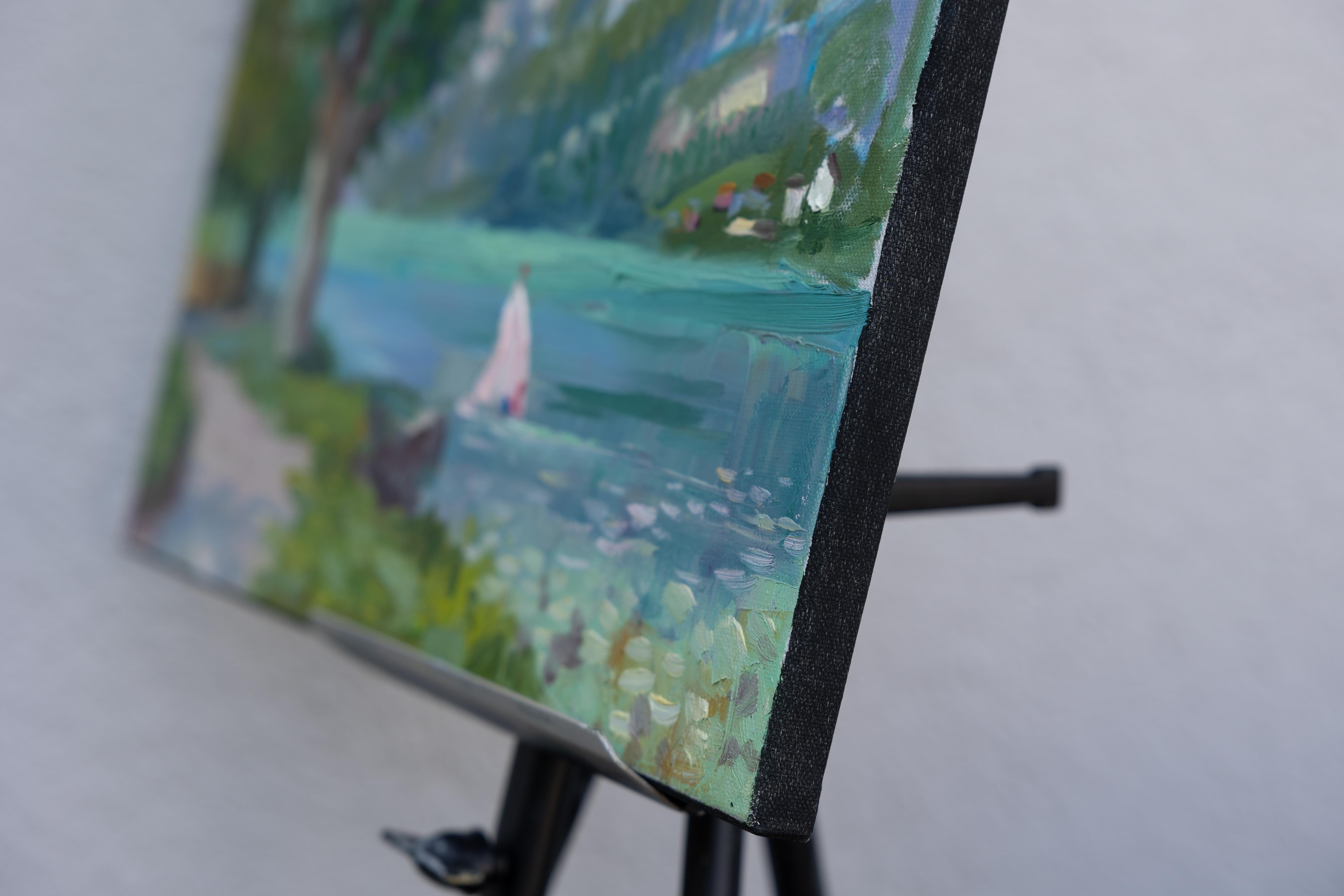Le long de la côte Paysage, lac, montagnes, Suisse, petit, horizontal - Painting de Anna Shesterikova