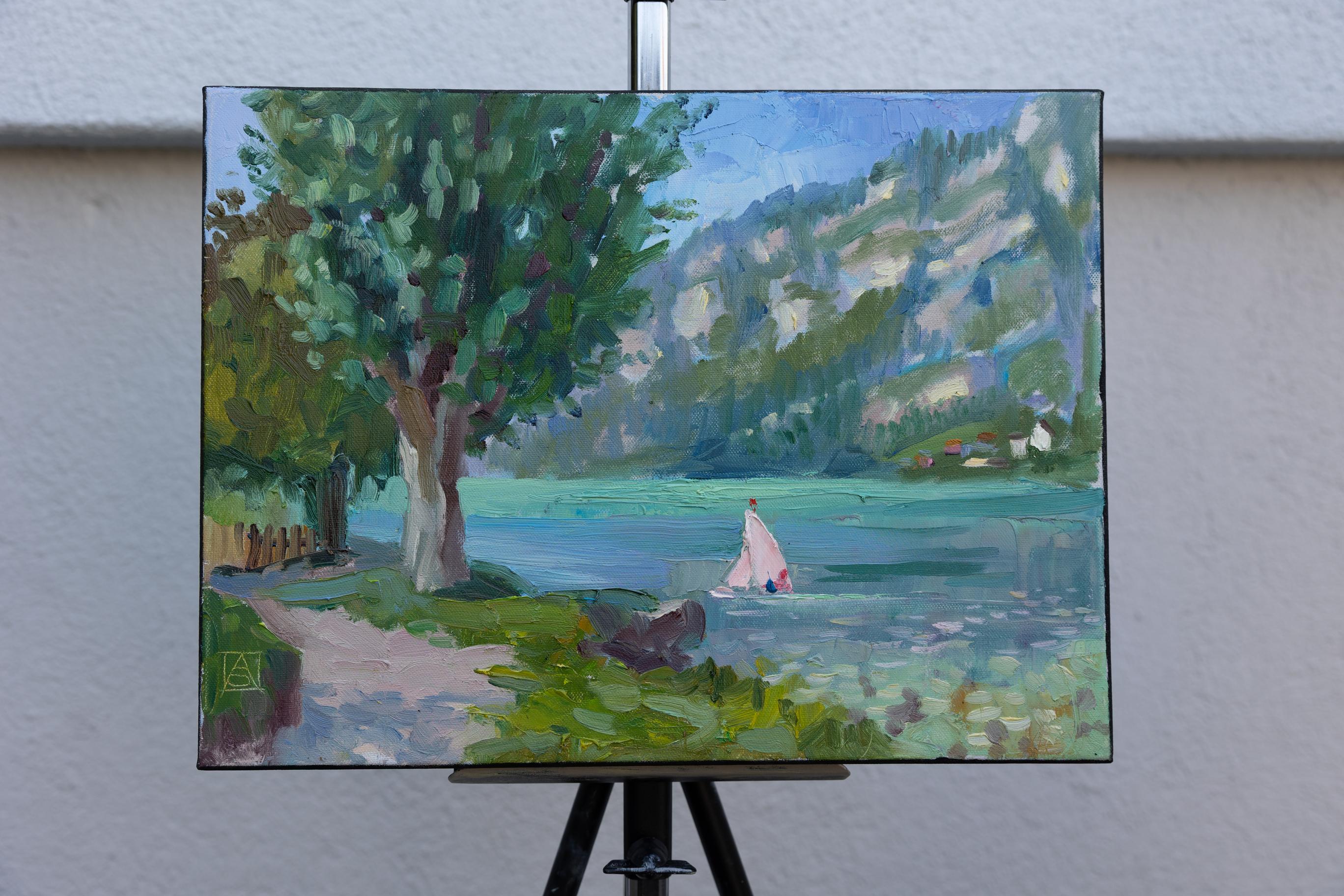Le long de la côte Paysage, lac, montagnes, Suisse, petit, horizontal - Post-impressionnisme Painting par Anna Shesterikova