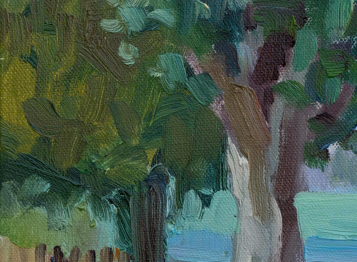 Le long de la côte Paysage, lac, montagnes, Suisse, petit, horizontal - Gris Landscape Painting par Anna Shesterikova