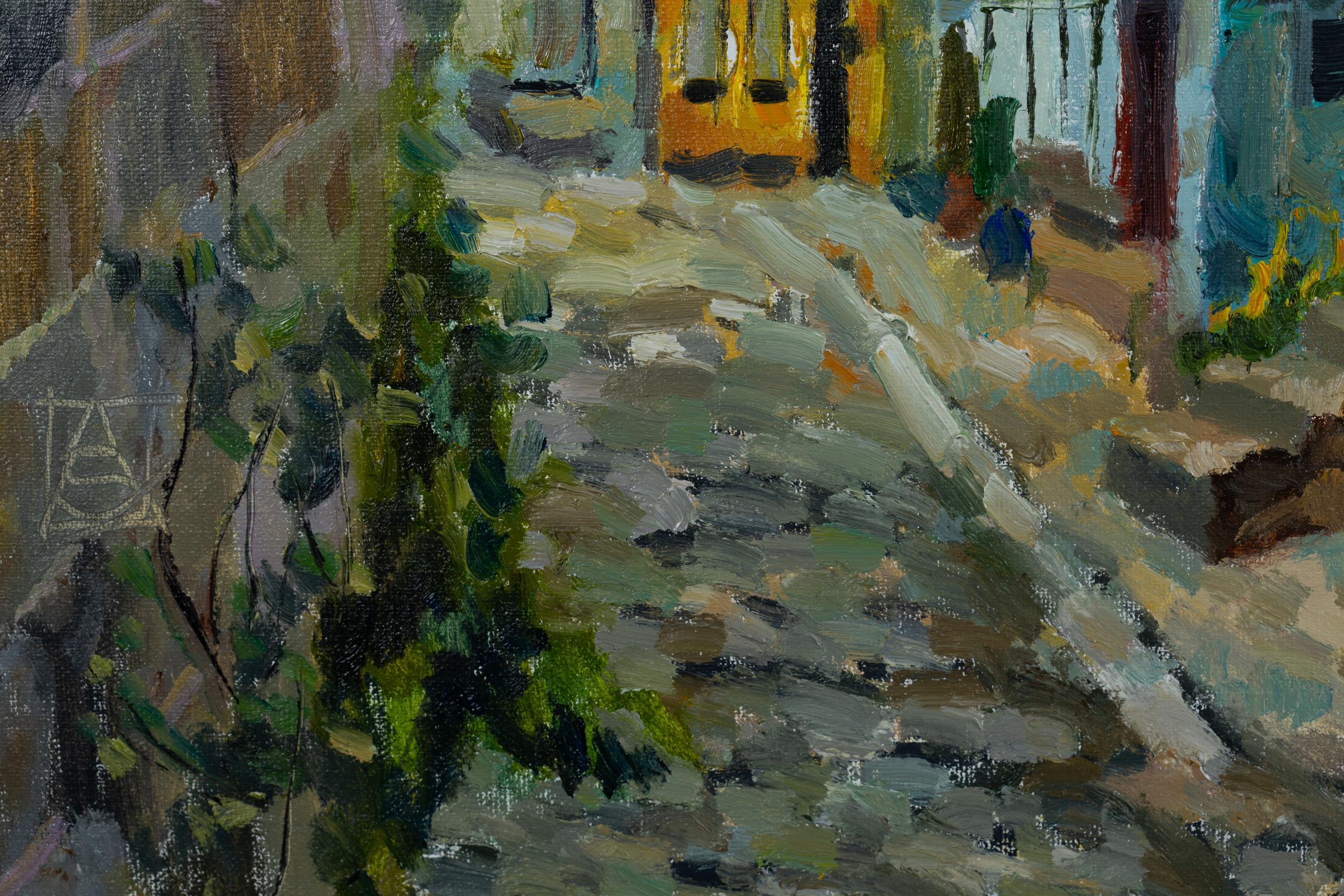 An Ancient Street in Quedlinburg. Cityscape in oil, vertical, Germany, evening For Sale 5