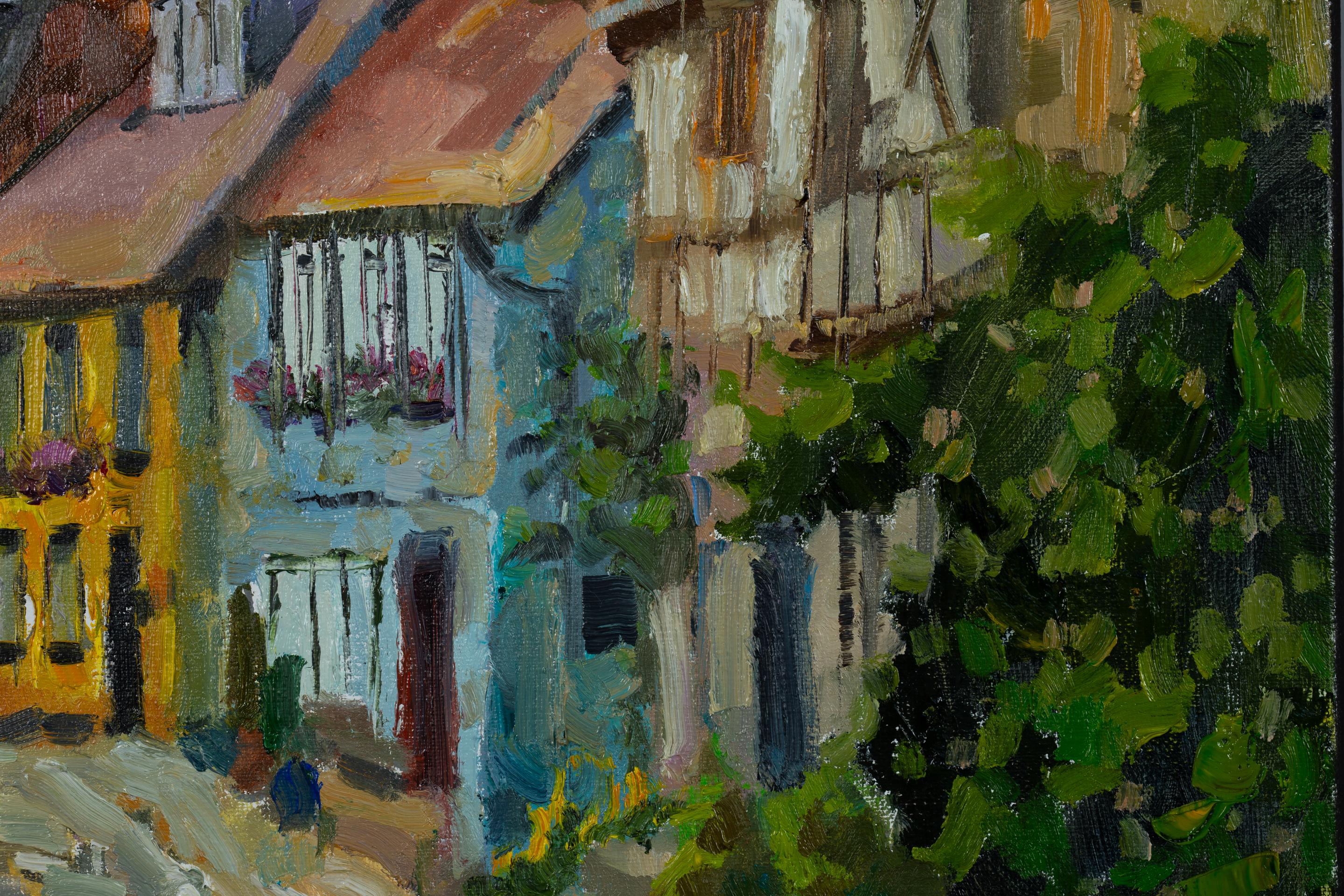 An Ancient Street in Quedlinburg. Cityscape in oil, vertical, Germany, evening For Sale 7