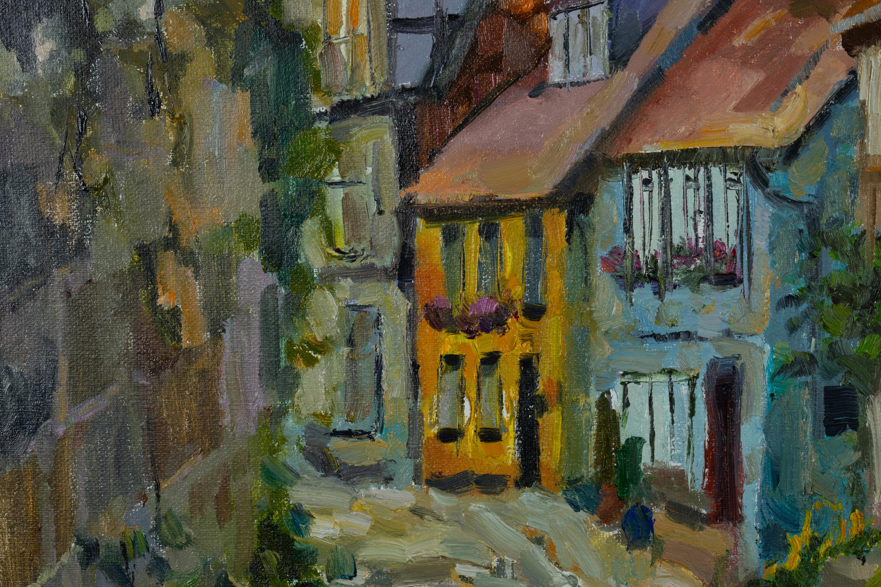 An Ancient Street in Quedlinburg. Cityscape in oil, vertical, Germany, evening For Sale 8