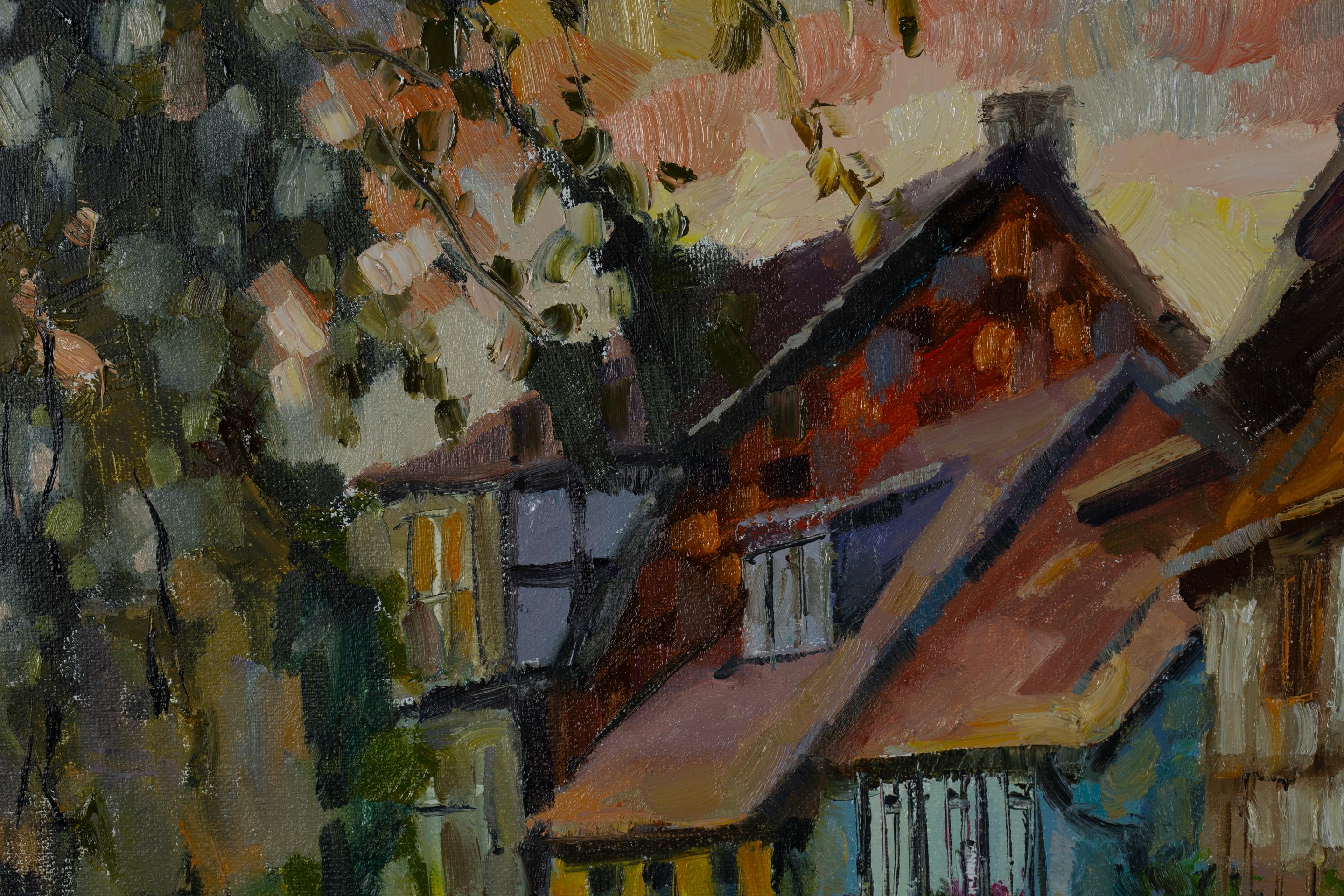 An Ancient Street in Quedlinburg. Cityscape in oil, vertical, Germany, evening For Sale 9
