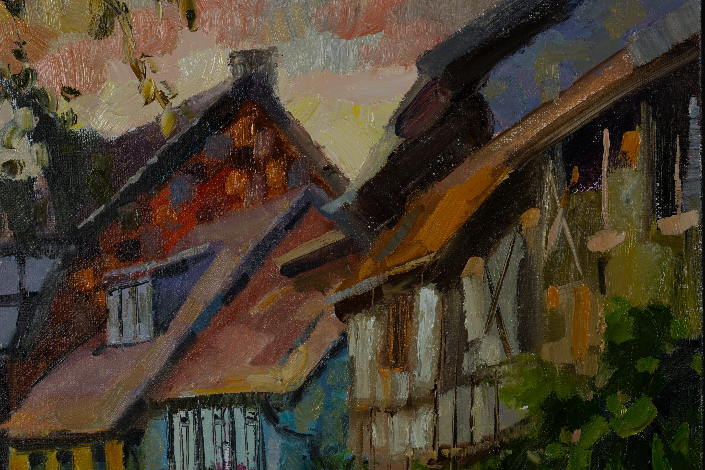 An Ancient Street in Quedlinburg. Cityscape in oil, vertical, Germany, evening For Sale 10