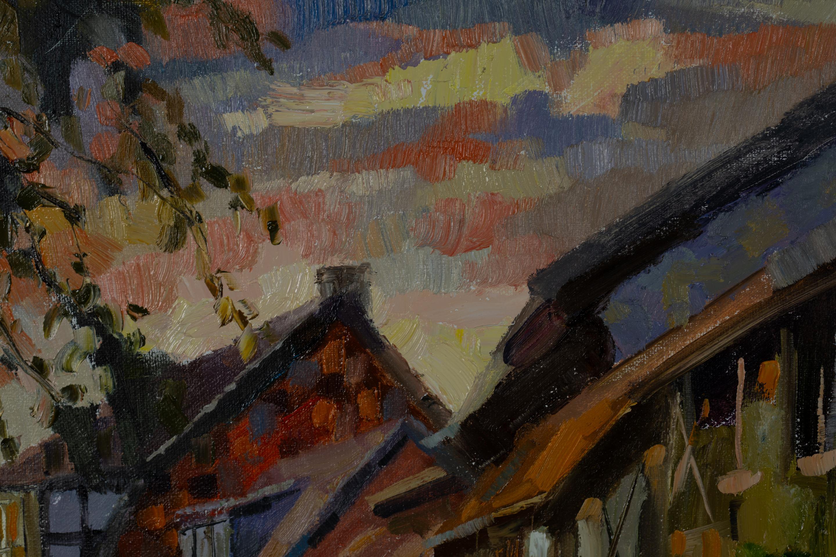 An Ancient Street in Quedlinburg. Cityscape in oil, vertical, Germany, evening For Sale 11