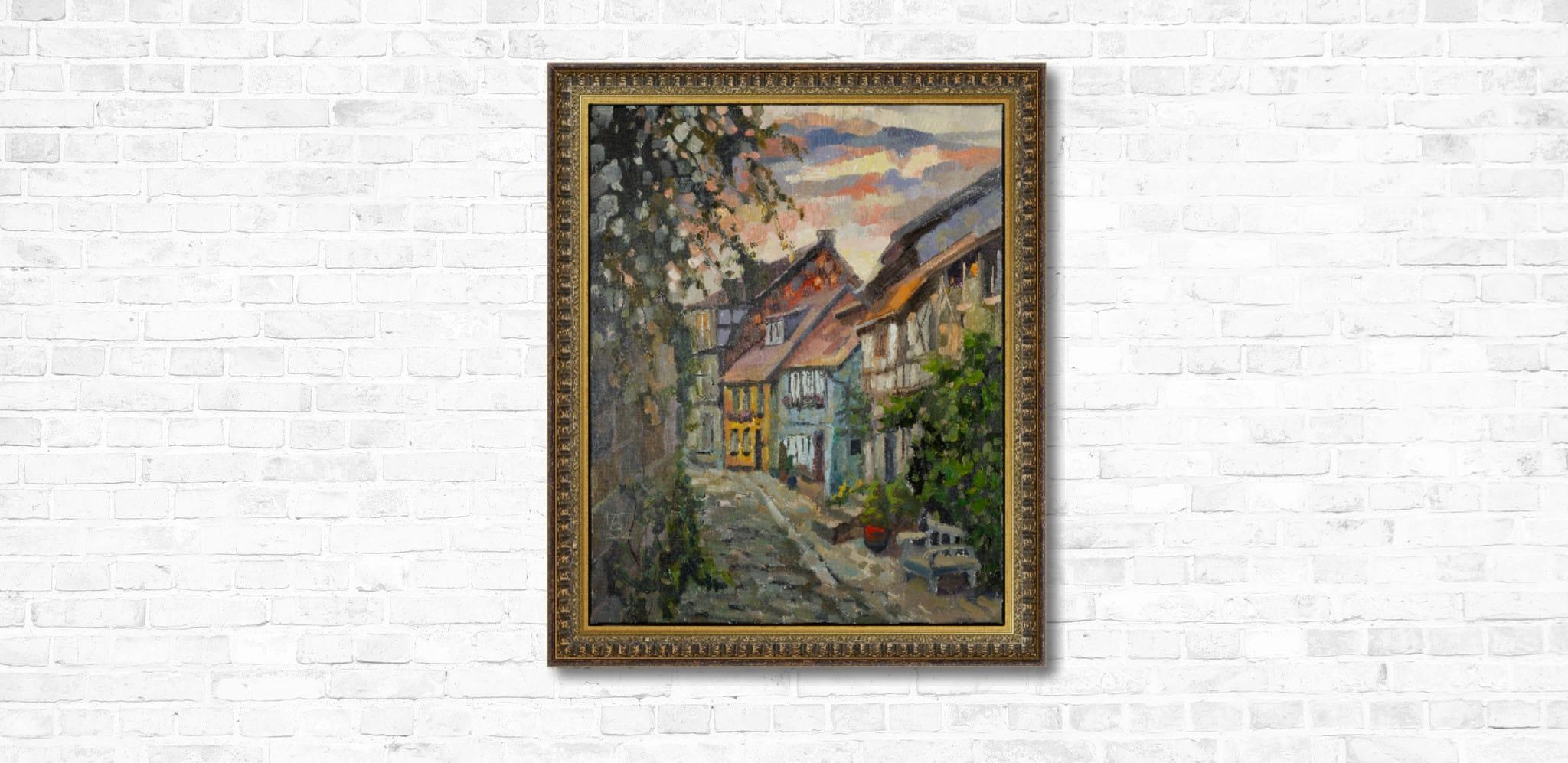 An Ancient Street in Quedlinburg. Cityscape in oil, vertical, Germany, evening - Painting by Anna Shesterikova