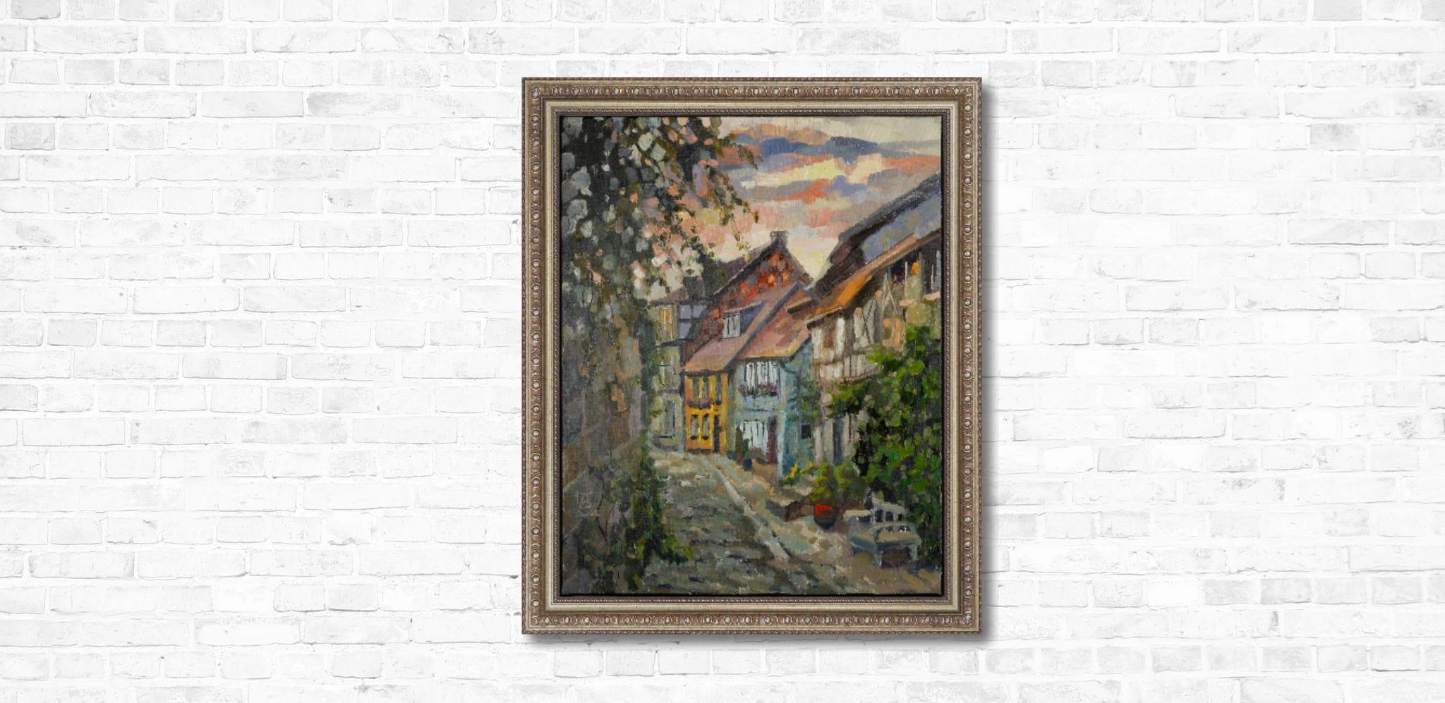An Ancient Street in Quedlinburg. Cityscape in oil, vertical, Germany, evening - Post-Impressionist Painting by Anna Shesterikova