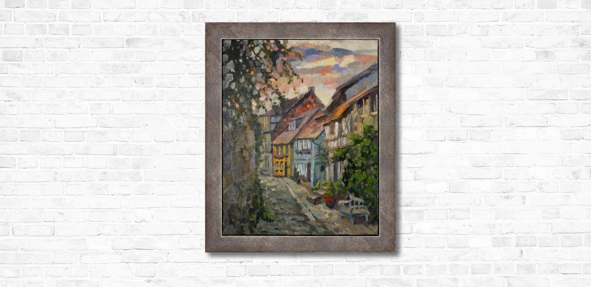 An Ancient Street in Quedlinburg. Cityscape in oil, vertical, Germany, evening - Gray Landscape Painting by Anna Shesterikova
