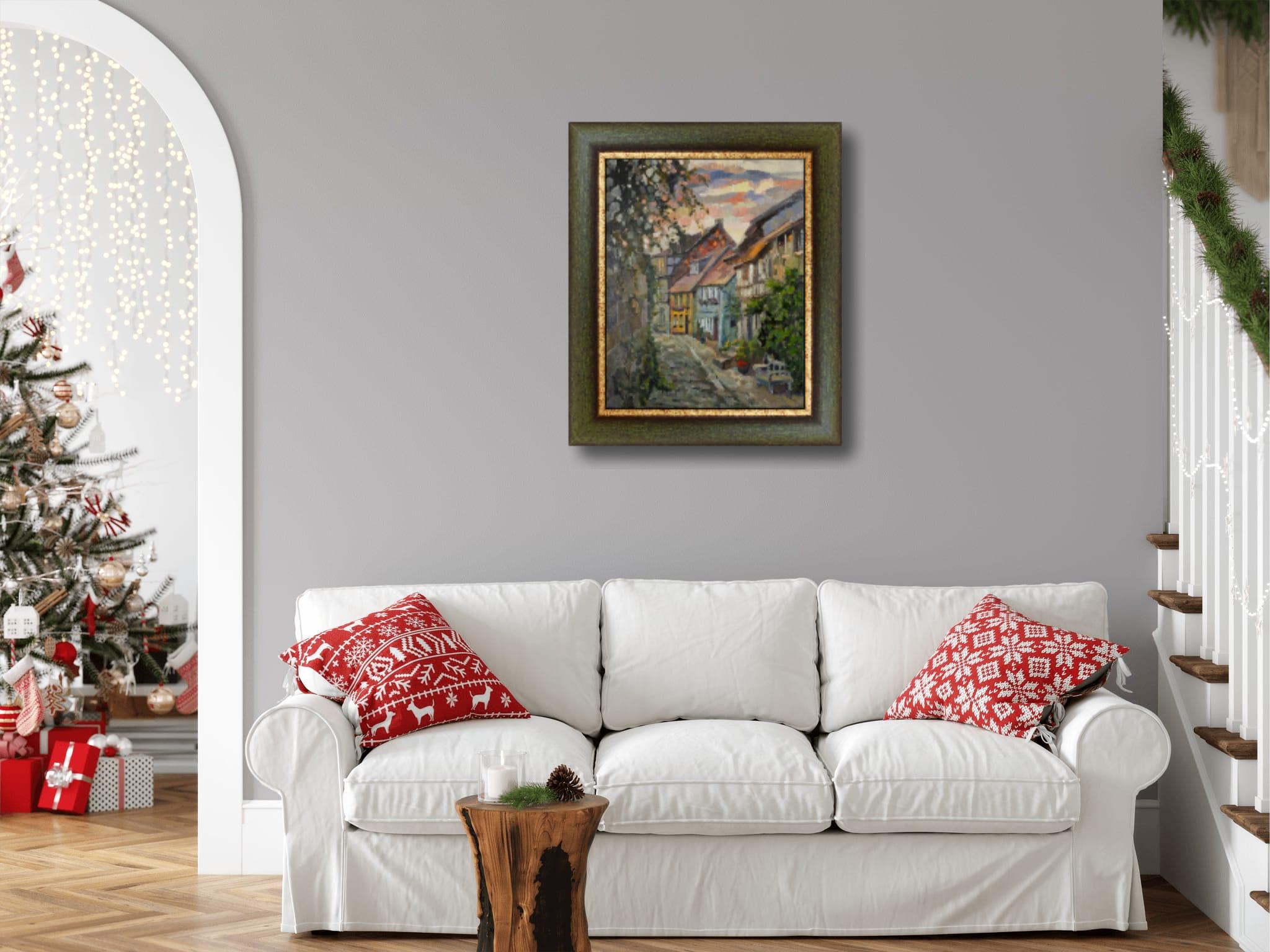 An Ancient Street in Quedlinburg. Cityscape in oil, vertical, Germany, evening For Sale 1