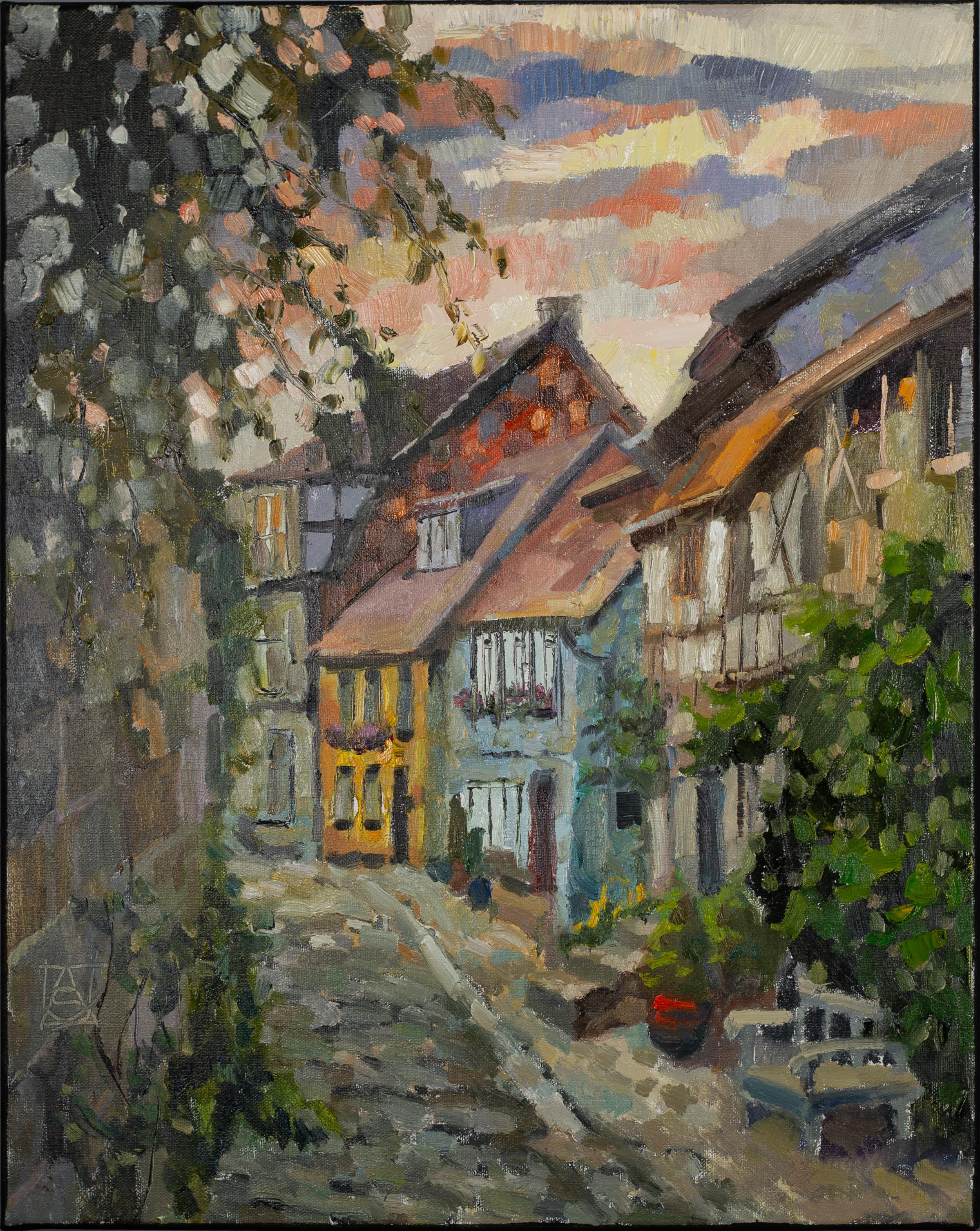Anna Shesterikova Landscape Painting - An Ancient Street in Quedlinburg. Cityscape in oil, vertical, Germany, evening