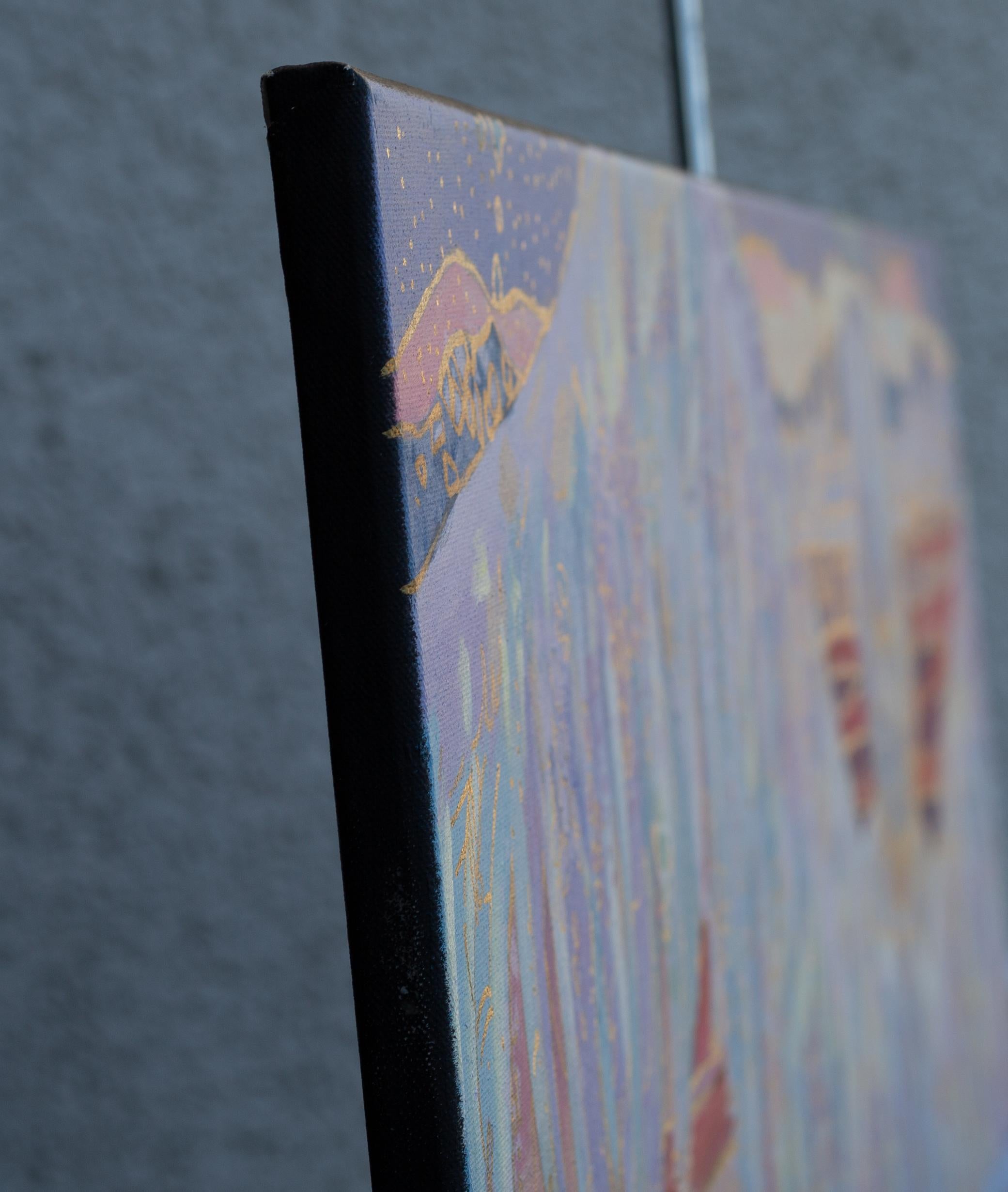 Angels in the City. Return of the Light Ones. Acrylic, horizontal, blue - Painting by Anna Shesterikova