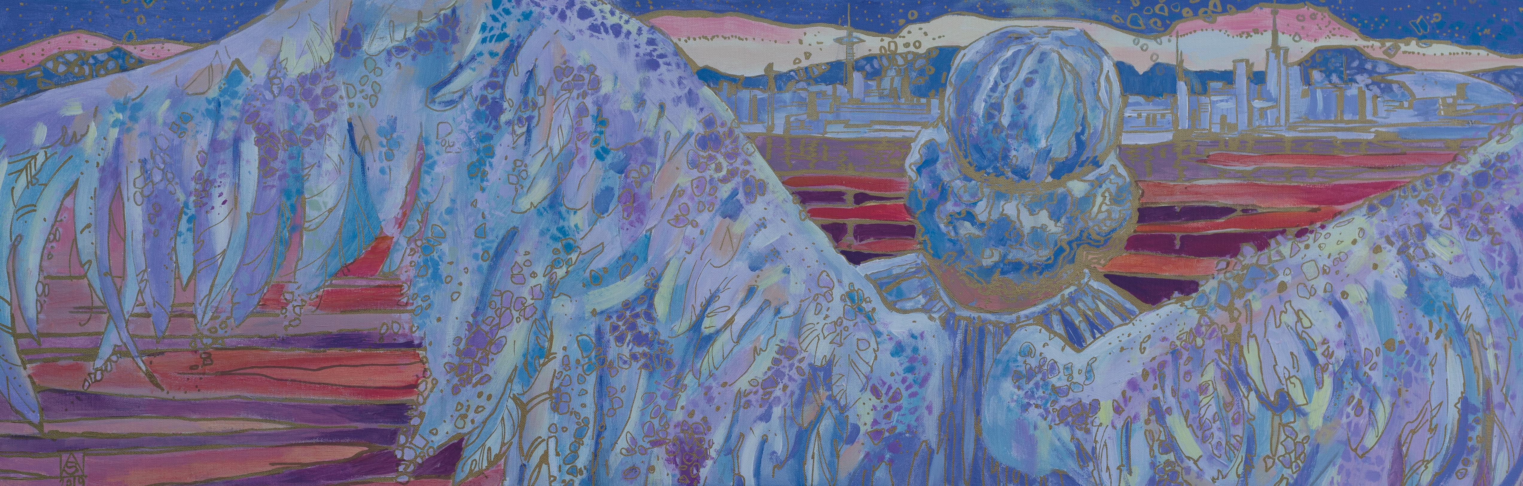 Anna Shesterikova Figurative Painting - Angels in the City. Return of the Light Ones. Acrylic, horizontal, blue