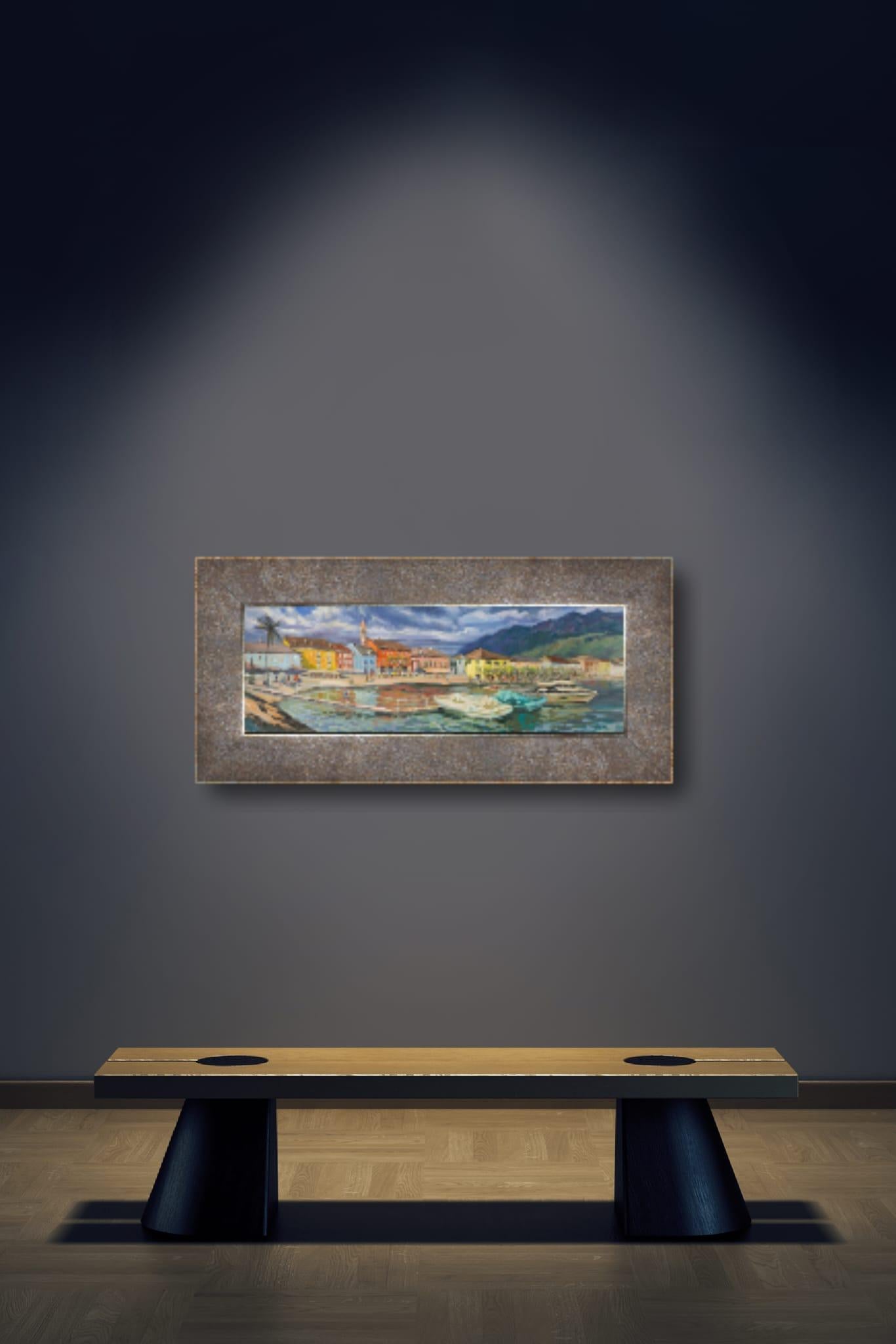 L'argine di Ascona di sera. Svizzera, barche, lago, città, orizzontale - Painting di Anna Shesterikova