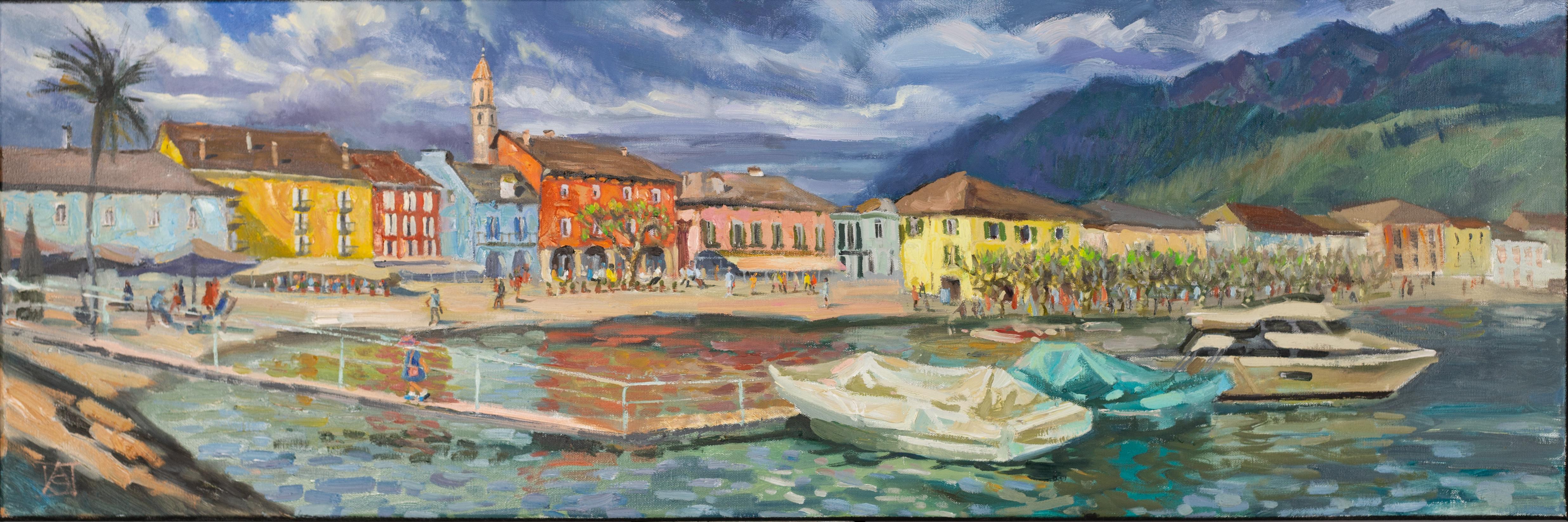 Ascona Embankment In The Evening. Switzerland, boats, lake, city, horizontal