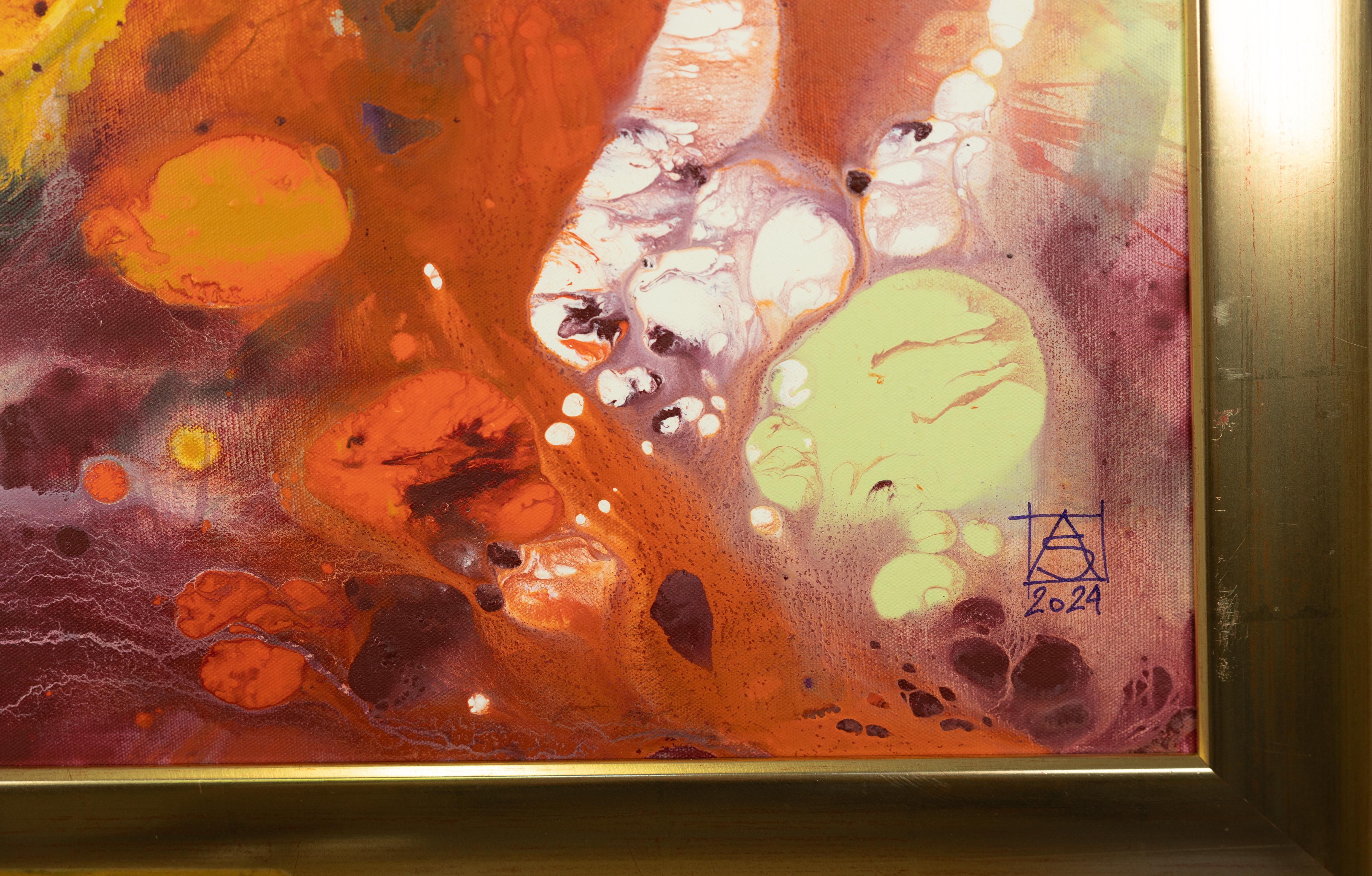 Abstract acrylic painting, red, expressionist, large square format.

In 