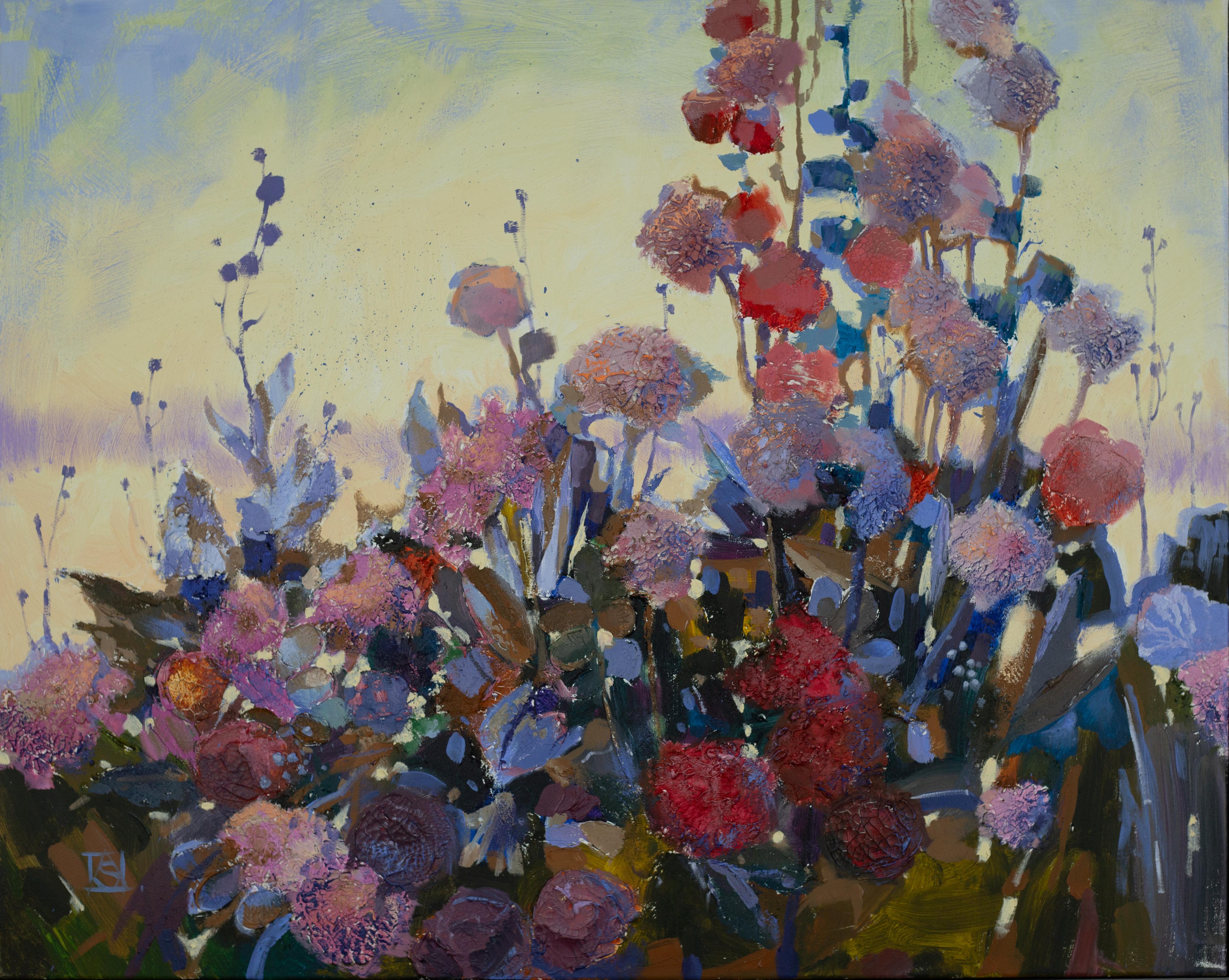 At Dawn. Abstract floral painting, sunrise colors, textured acrylic, contemp