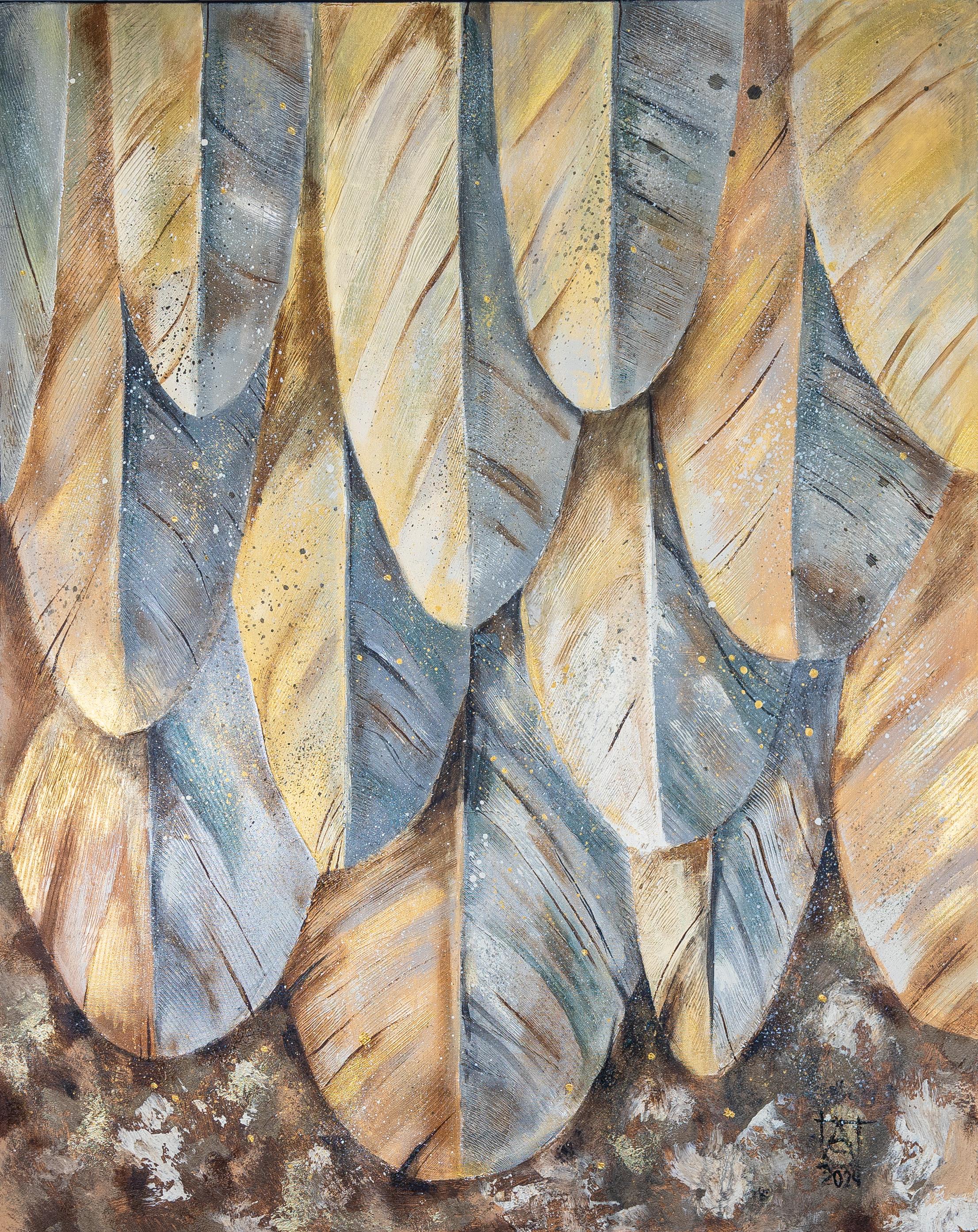 Anna Shesterikova Abstract Painting - Autumn Bird. Semi-abstract, large, vertical, Japandi, Wabi-Sabi, Shabby Chic