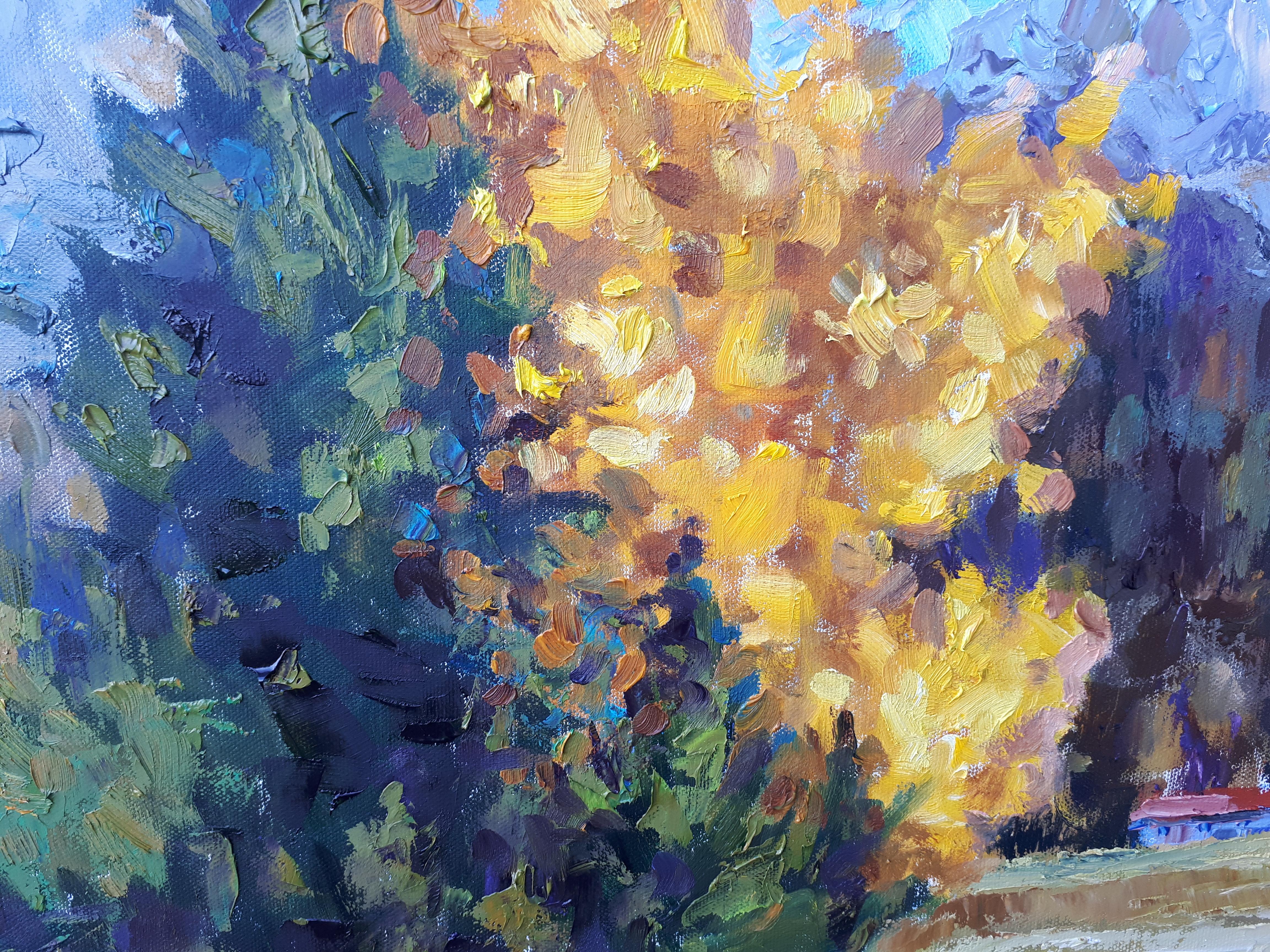 Herbst in den Bergen Liechtensteins. Landschaft in Öl, Schönheit, Natur. (Grau), Landscape Painting, von Anna Shesterikova