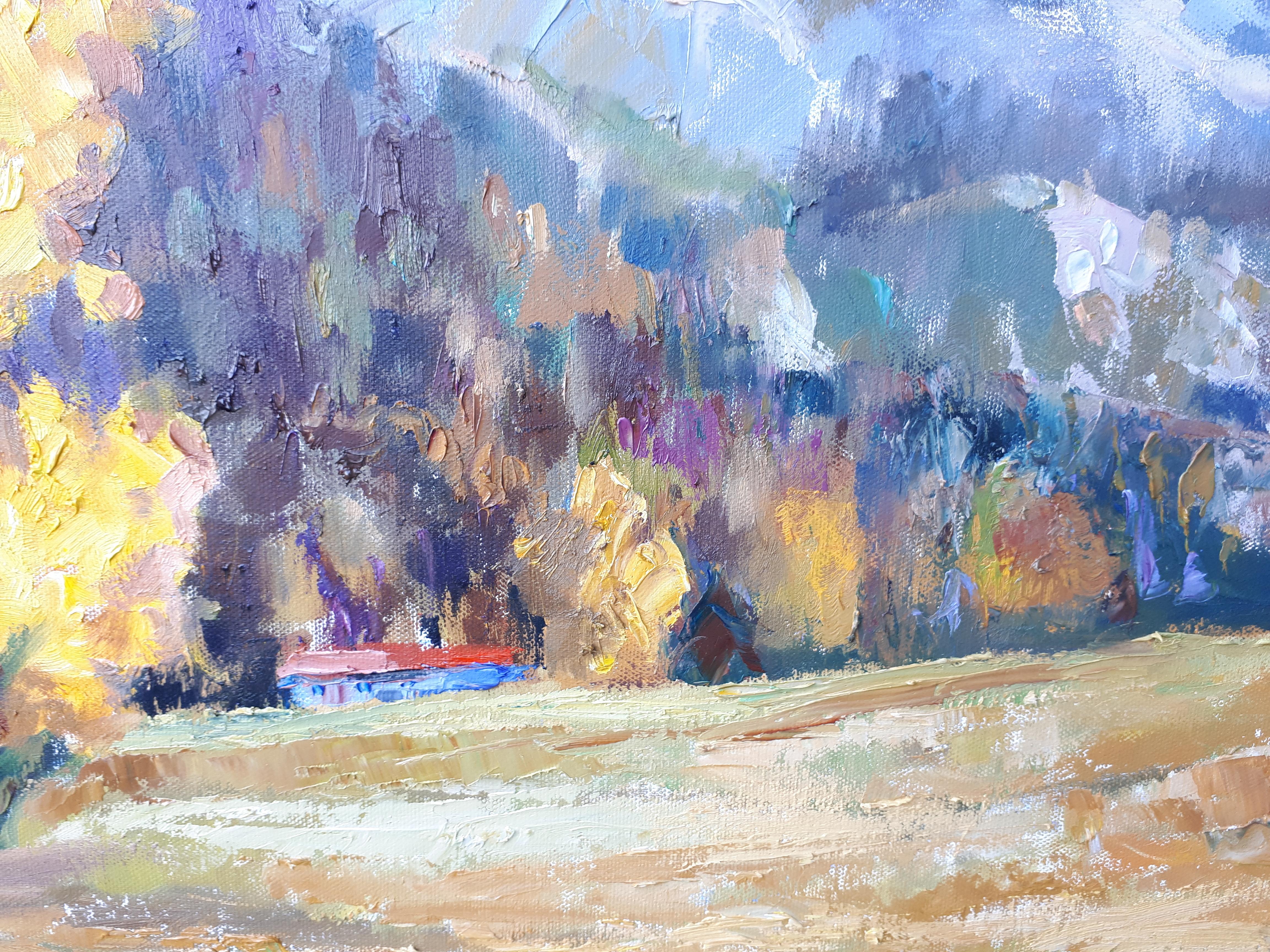 Herbst in den Bergen Liechtensteins. Landschaft in Öl, Schönheit, Natur. im Angebot 2