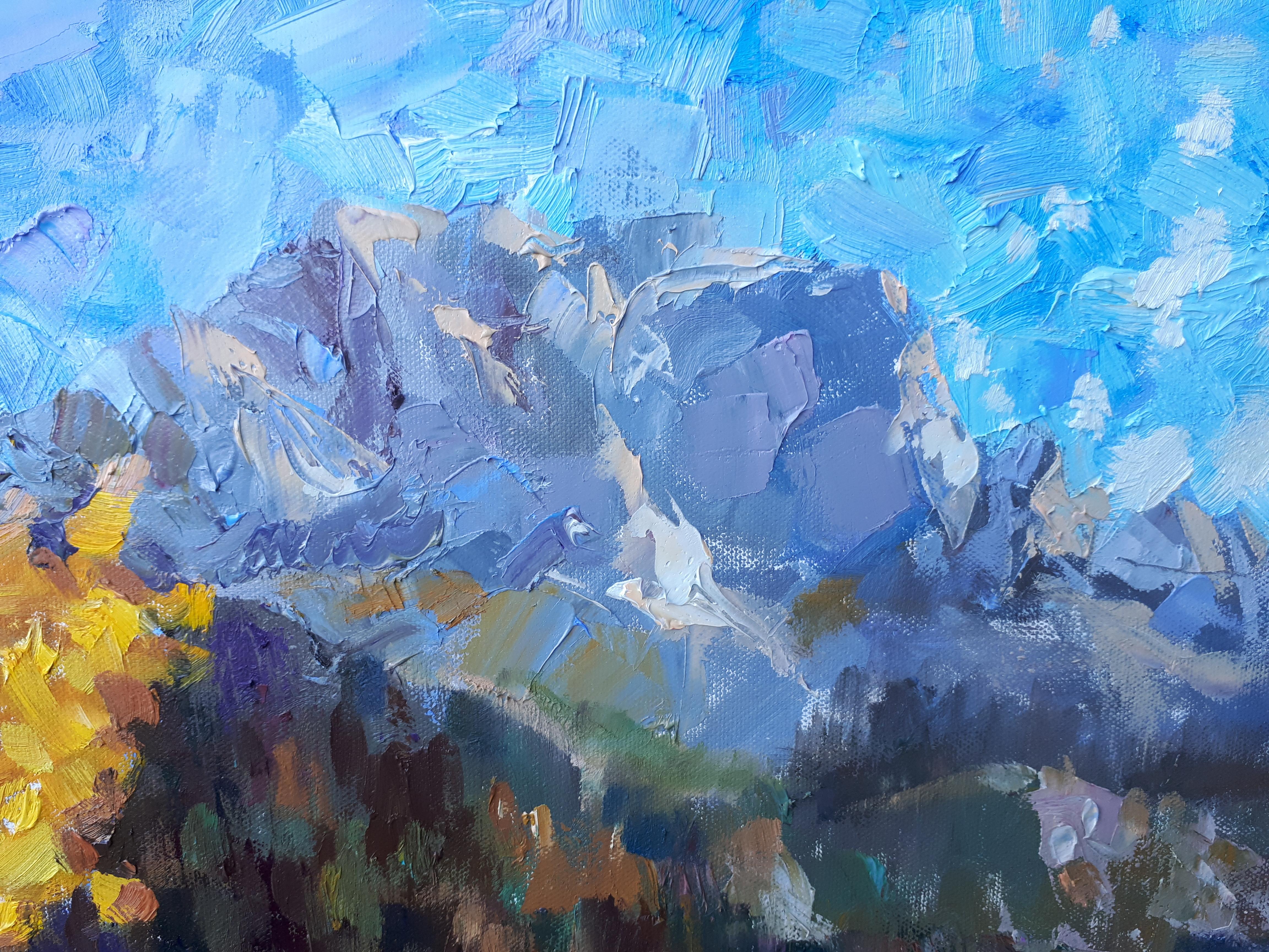 Herbst in den Bergen Liechtensteins. Landschaft in Öl, Schönheit, Natur. im Angebot 3